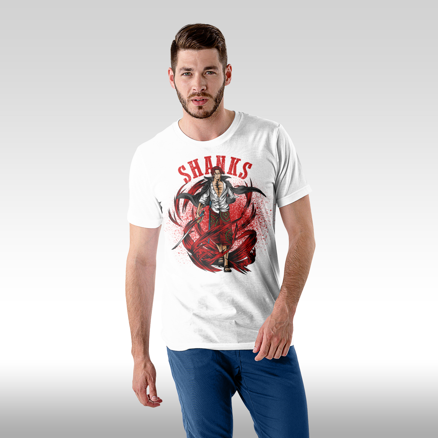 Tricou Alb personalizat bumbac Fata Barbat anime "One Piece Shanks" streetwear