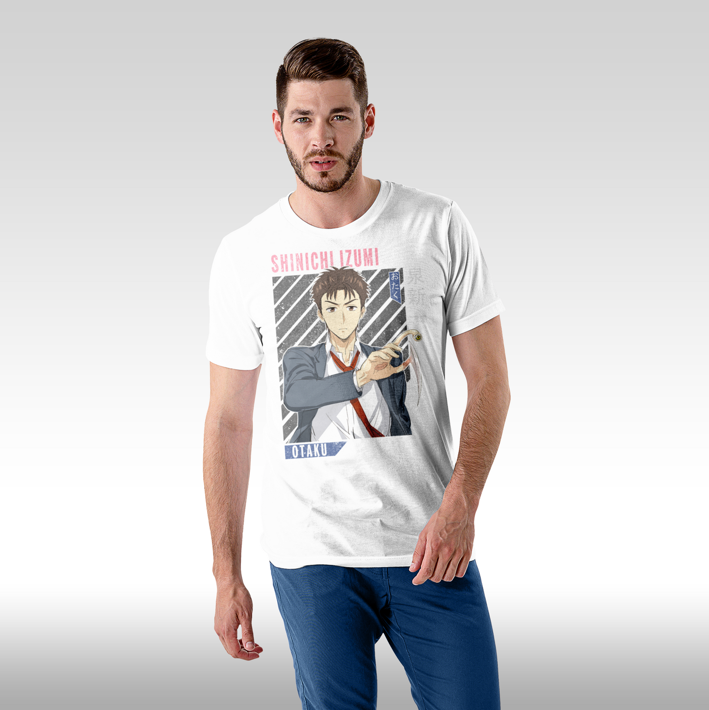 Tricou Alb personalizat bumbac Barbat anime "Shinichi Izumi Parasyte" streetwear