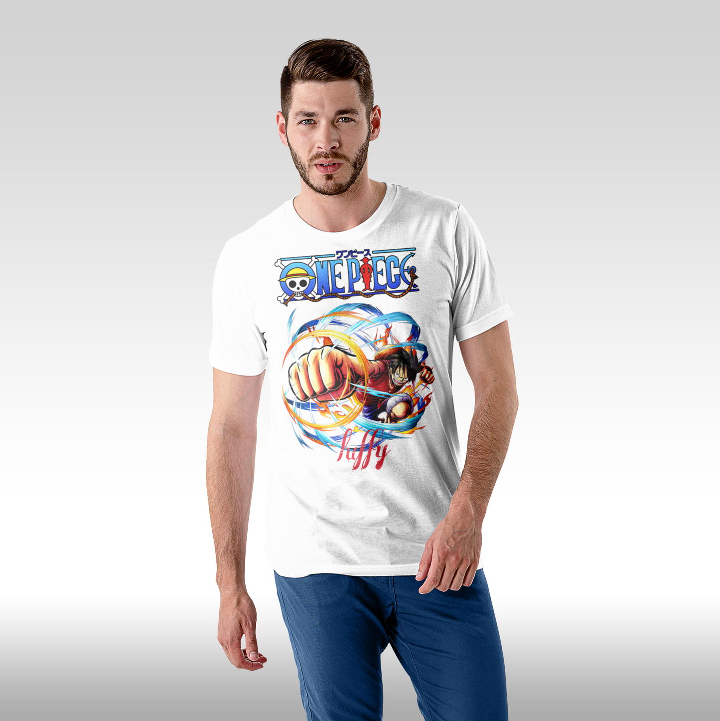 Tricou Alb personalizat bumbac Fata Barbat anime "One Piece Luffy" streetwear