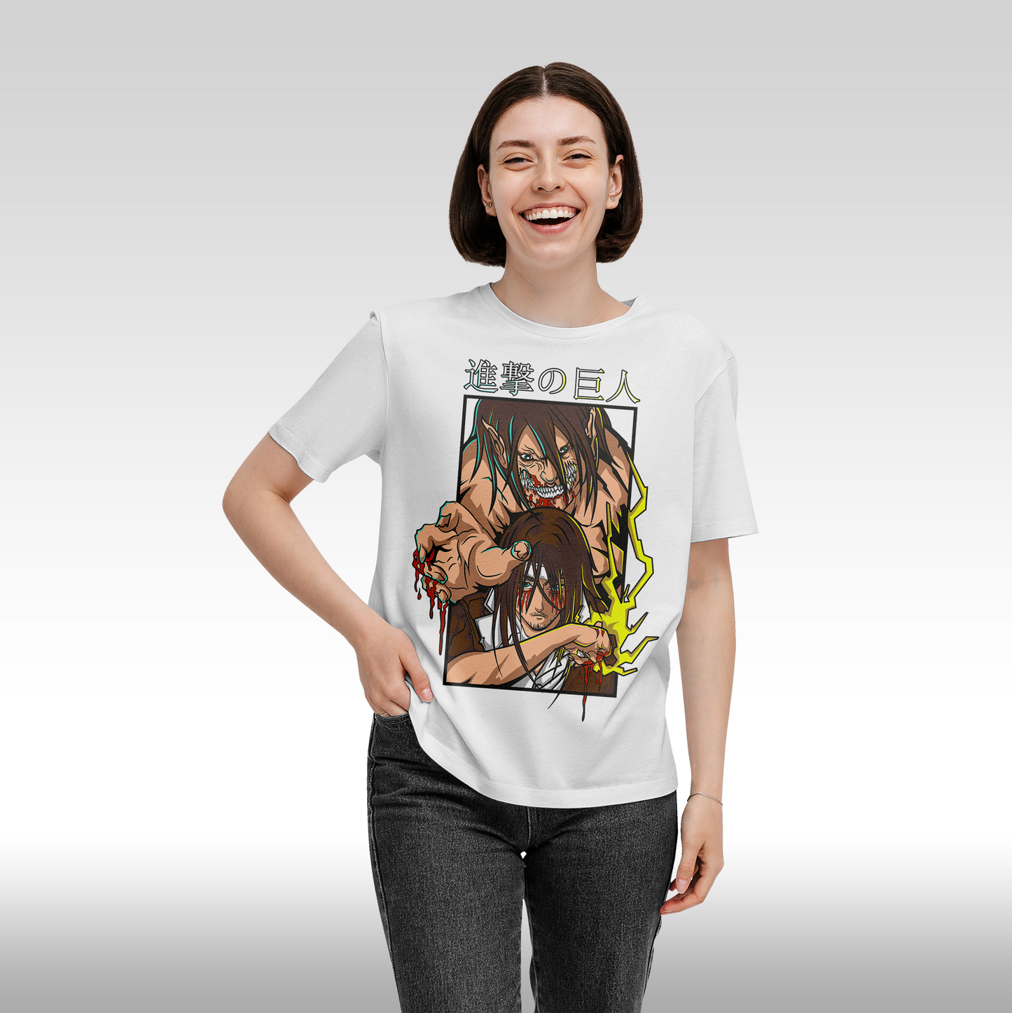 Tricou Alb personalizat bumbac Fata Dama anime "Attack On Titan: Eren" streetwear