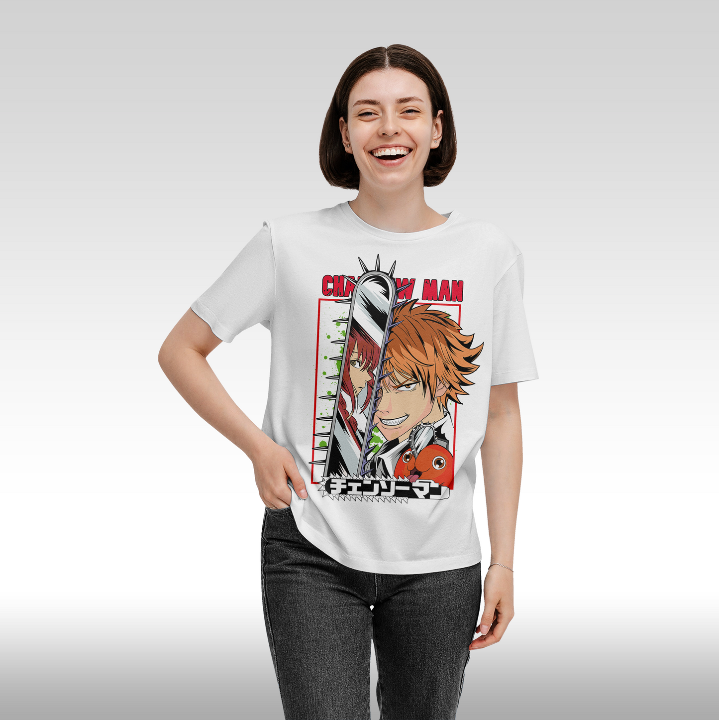 Tricou Alb personalizat bumbac Fata dama anime "Chainsaw Man: Denji" streetwear