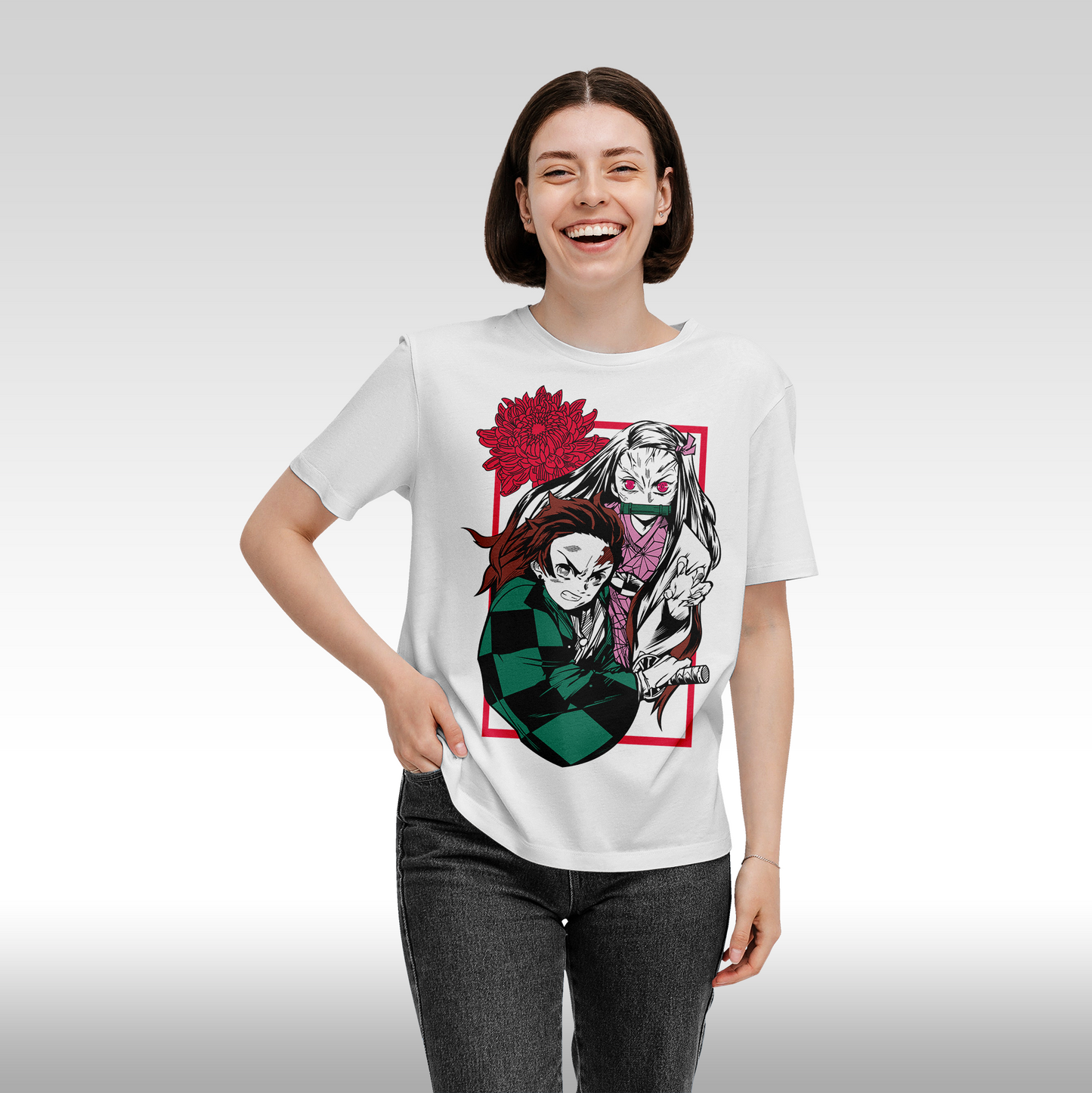 Tricou Alb personalizat bumbac Fata Dama anime "Demon Slayer: Nezuko Kamado" streetwear