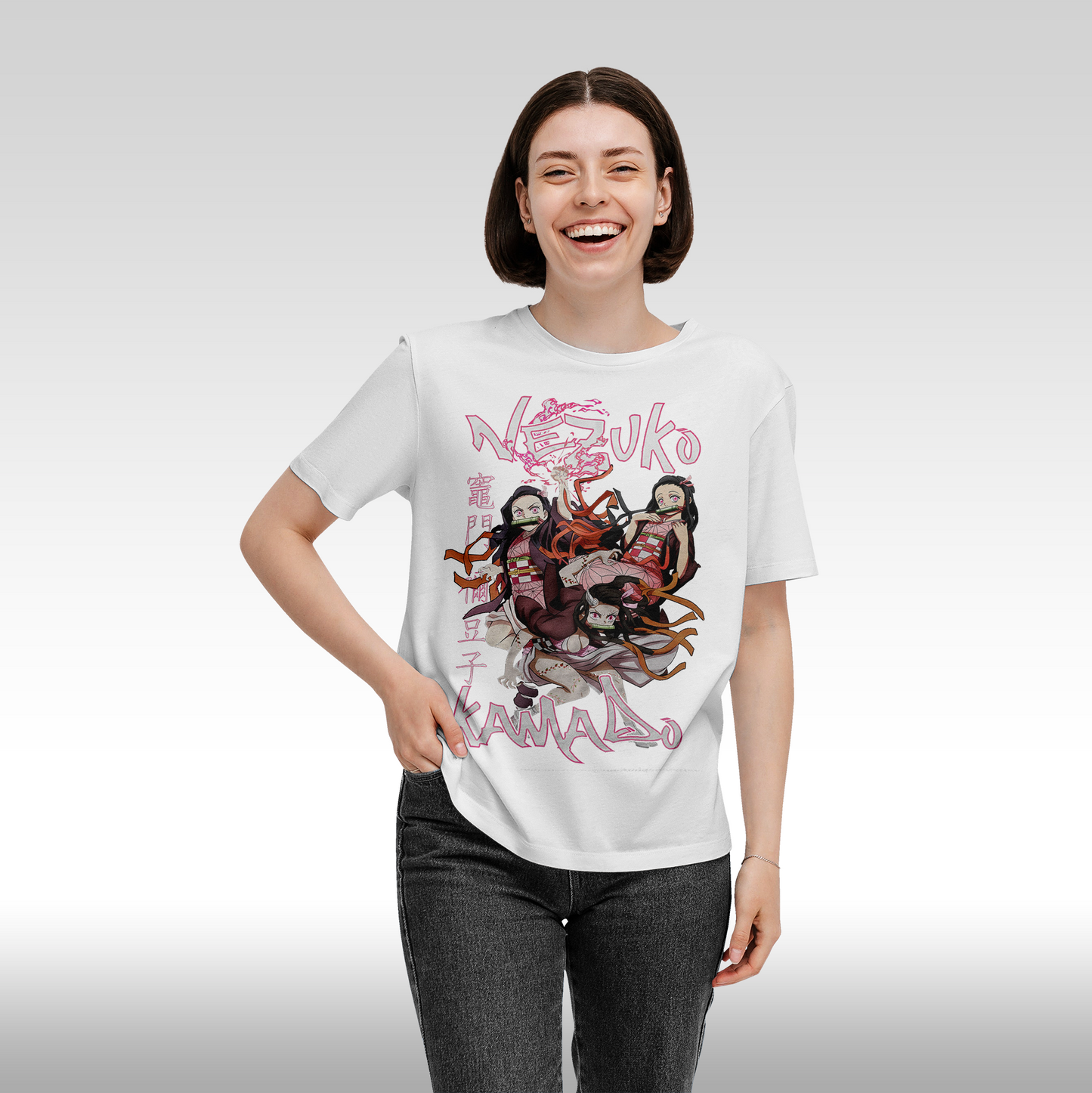Tricou Alb personalizat bumbac Fata Dama anime "Demon Slayer: Nezuko Kamado" streetwear