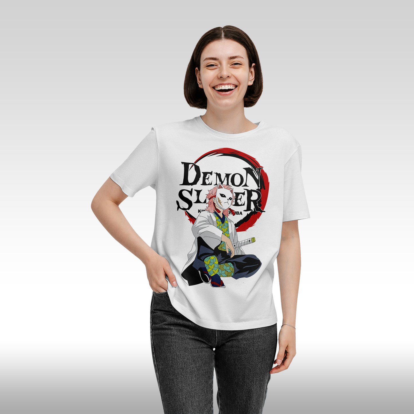 Tricou Alb personalizat bumbac Fata Dama anime "Demon Slayer: Sabito" streetwear