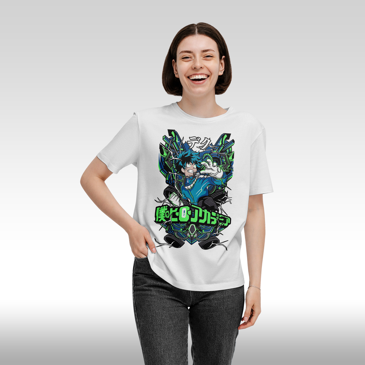 Tricou Alb personalizat bumbac Fata Dama anime "My Hero Academia: Deku" streetwear