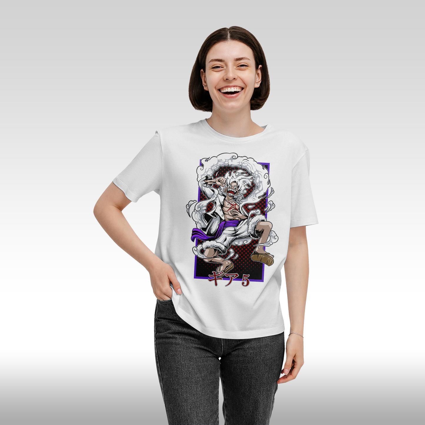 Tricou Alb personalizat bumbac Fata Dama anime "One Piece Luffy Gear 5 White" streetwear