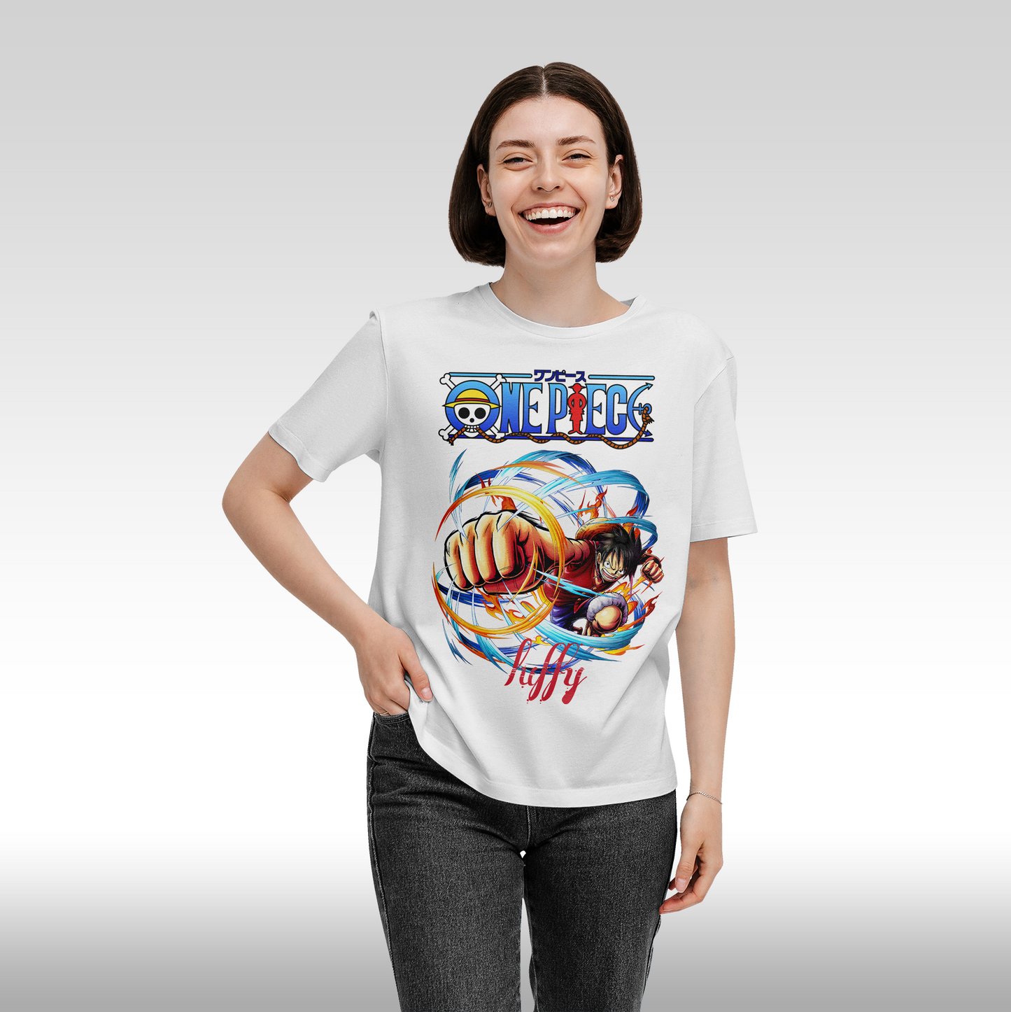 Tricou Alb personalizat bumbac Fata Dama anime "One Piece Luffy" streetwear