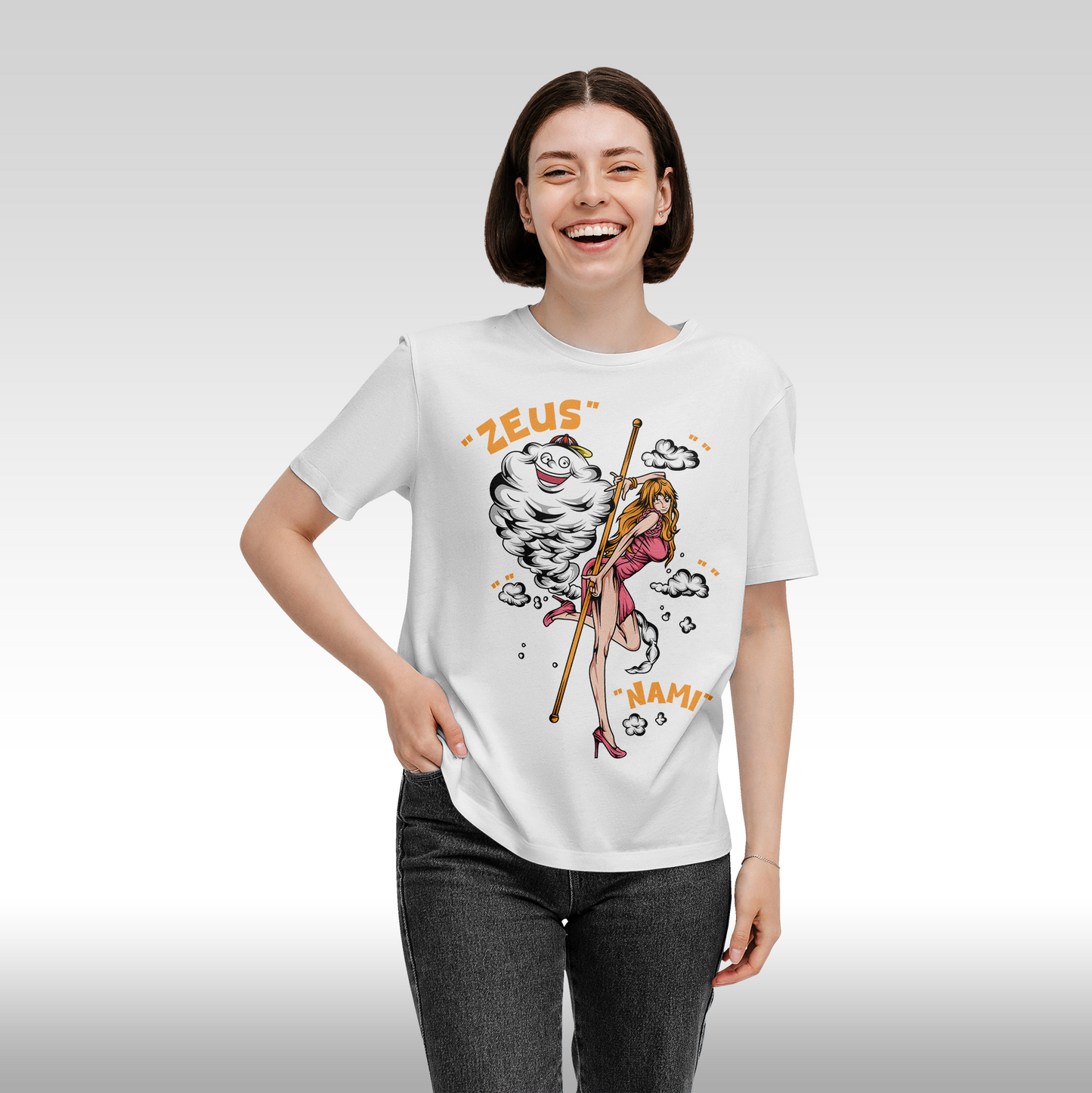 Tricou Alb personalizat bumbac Fata Dama anime "One Piece Nami" streetwear