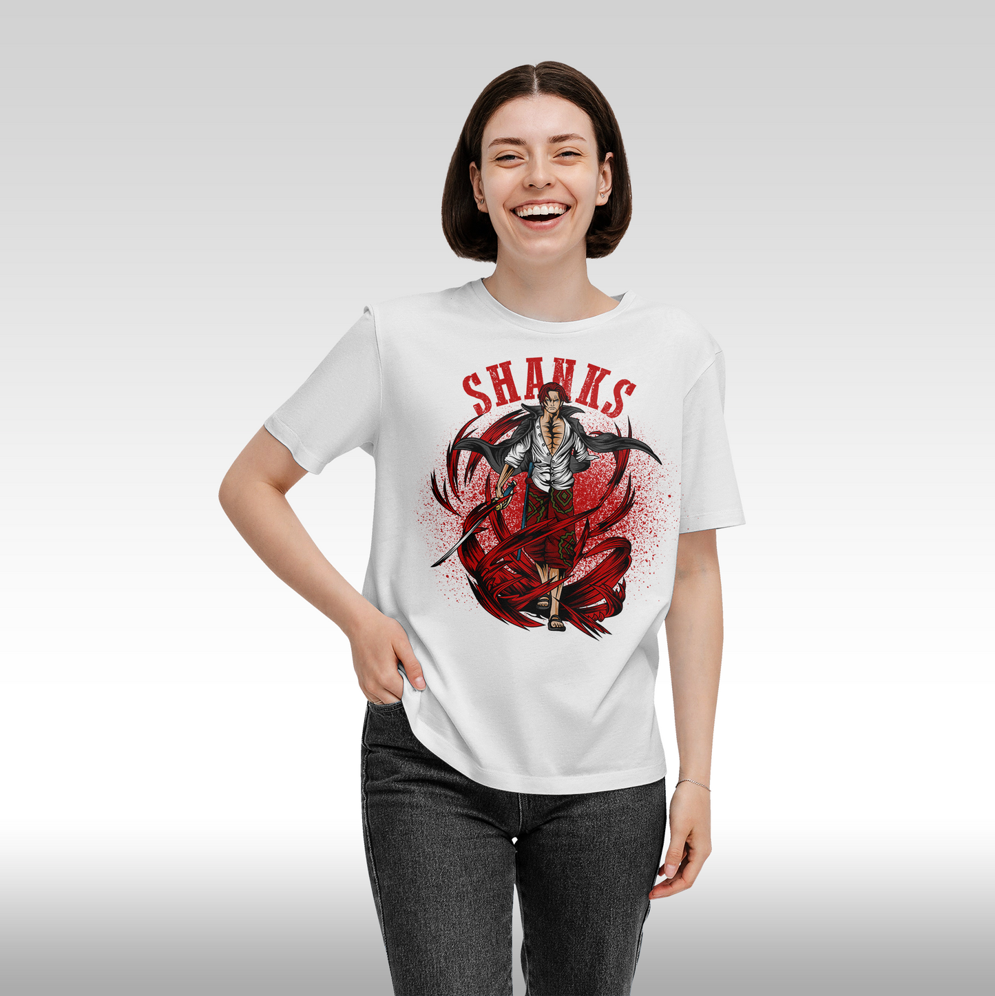Tricou Alb personalizat bumbac Fata Dama anime "One Piece Shanks" streetwear