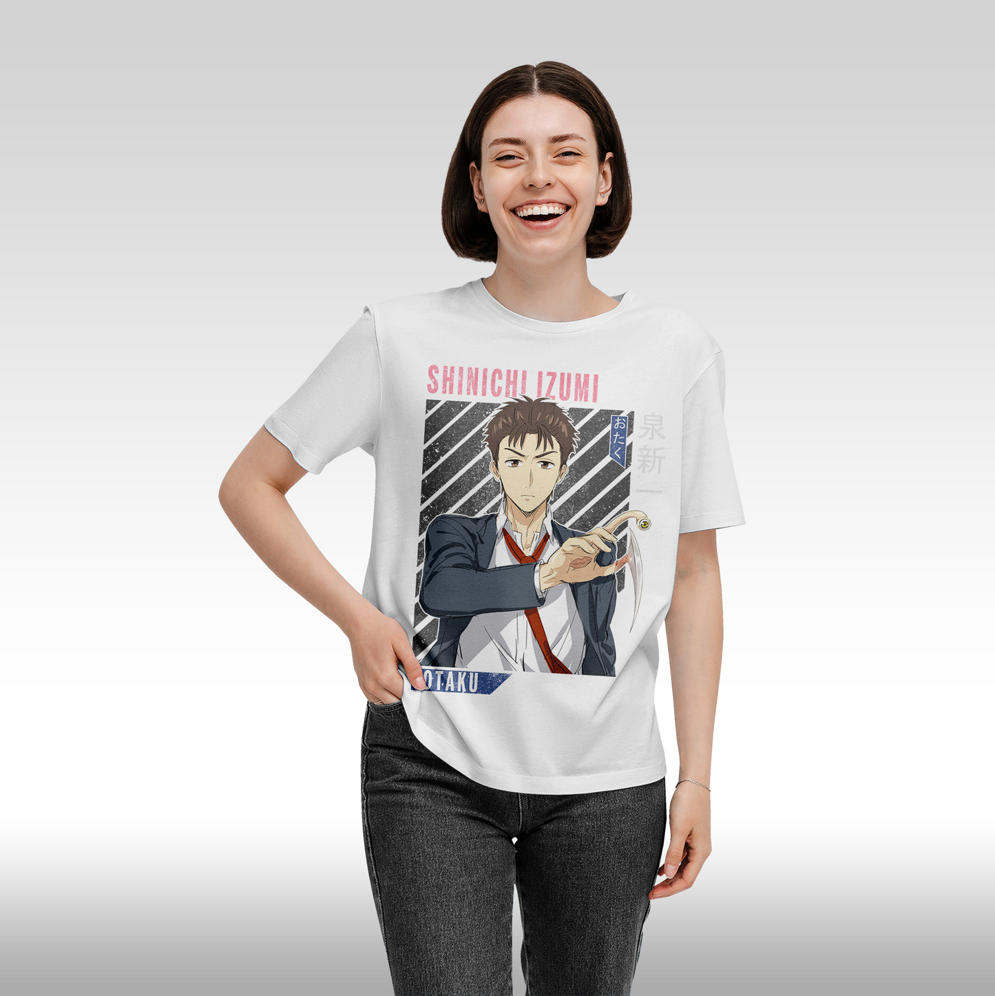 Tricou Alb personalizat bumbac Fata Dama anime "Shinichi Izumi Parasyte" streetwear