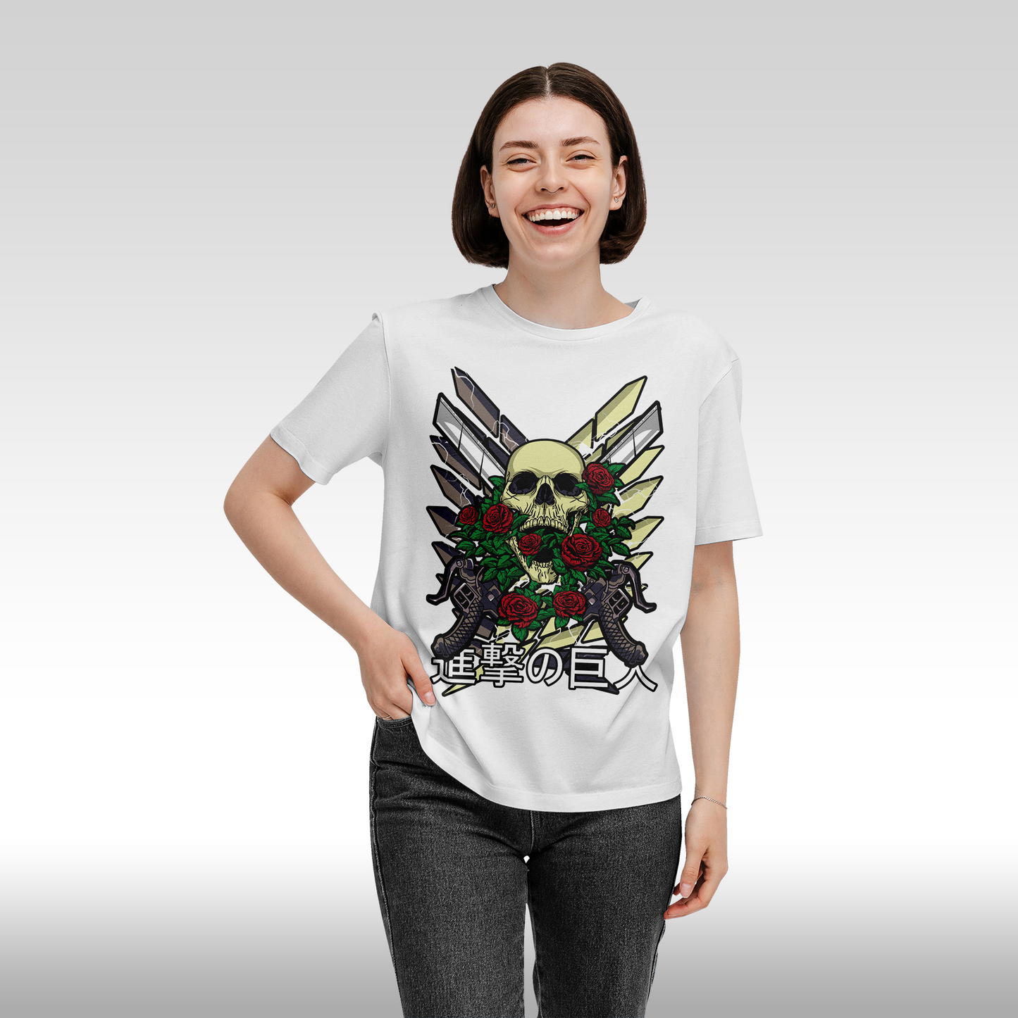 Tricou Alb personalizat bumbac Fata Dama anime "Attack On Titan Logo" streetwear