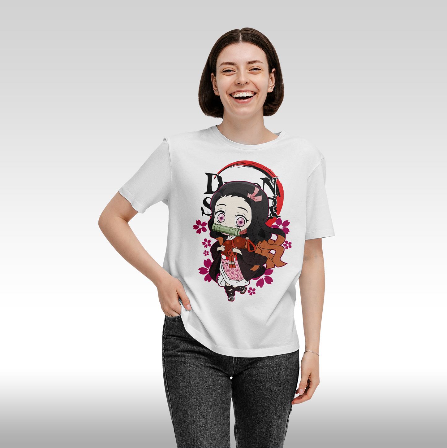 Tricou Alb personalizat bumbac Fata Dama anime "Demon Slayer: Kamado Nezuko" streetwear