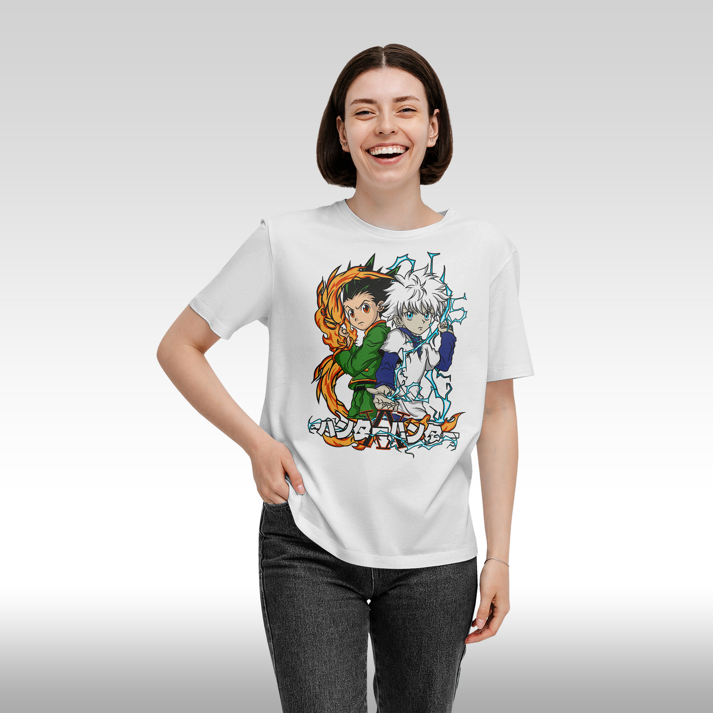 Tricou Alb personalizat bumbac Fata Dama anime "Hunter Gon Freecss" streetwear