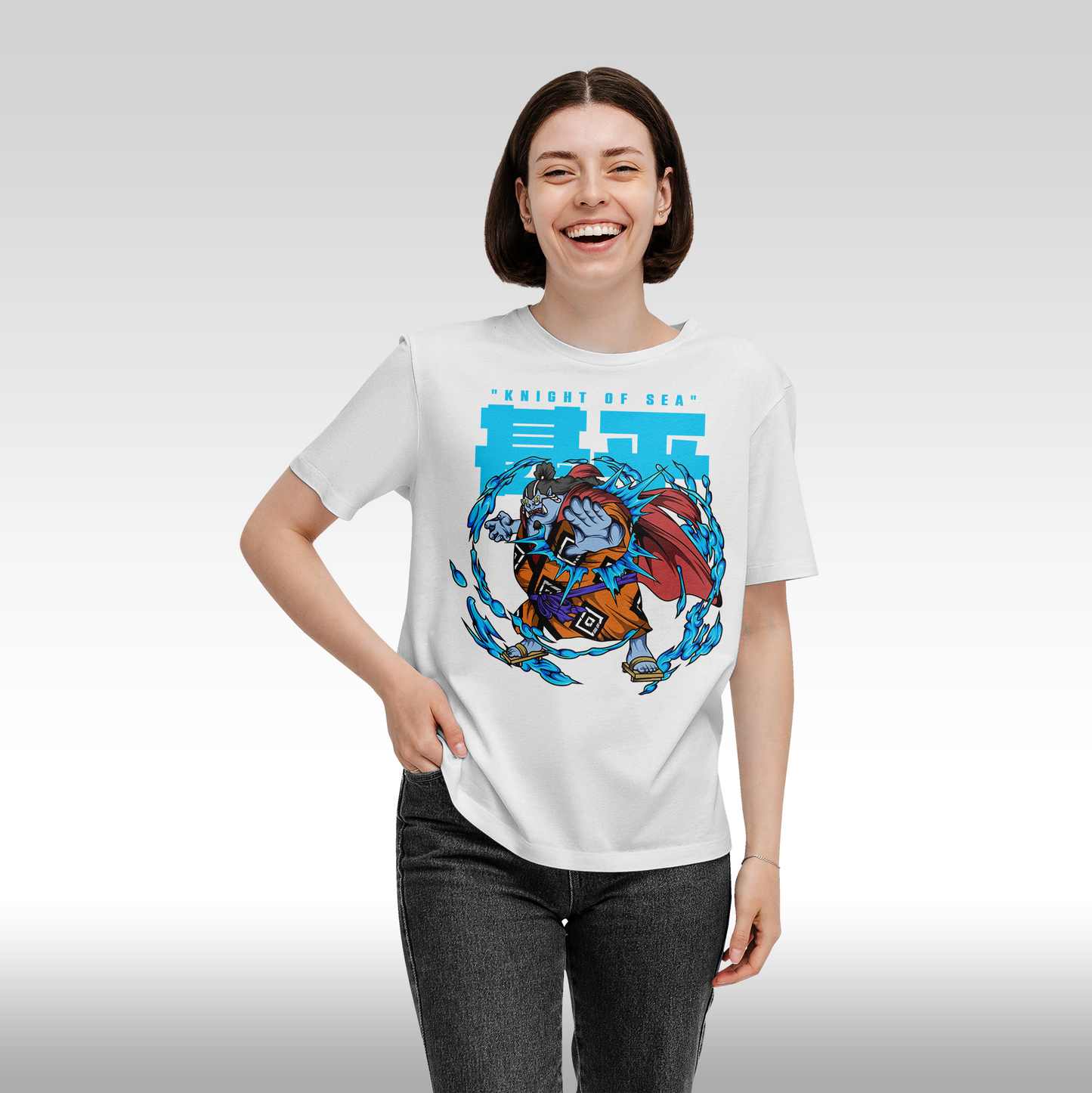 Tricou Alb personalizat bumbac Fata Dama anime "One Piece Jinbei Knight Of Sea" streetwear