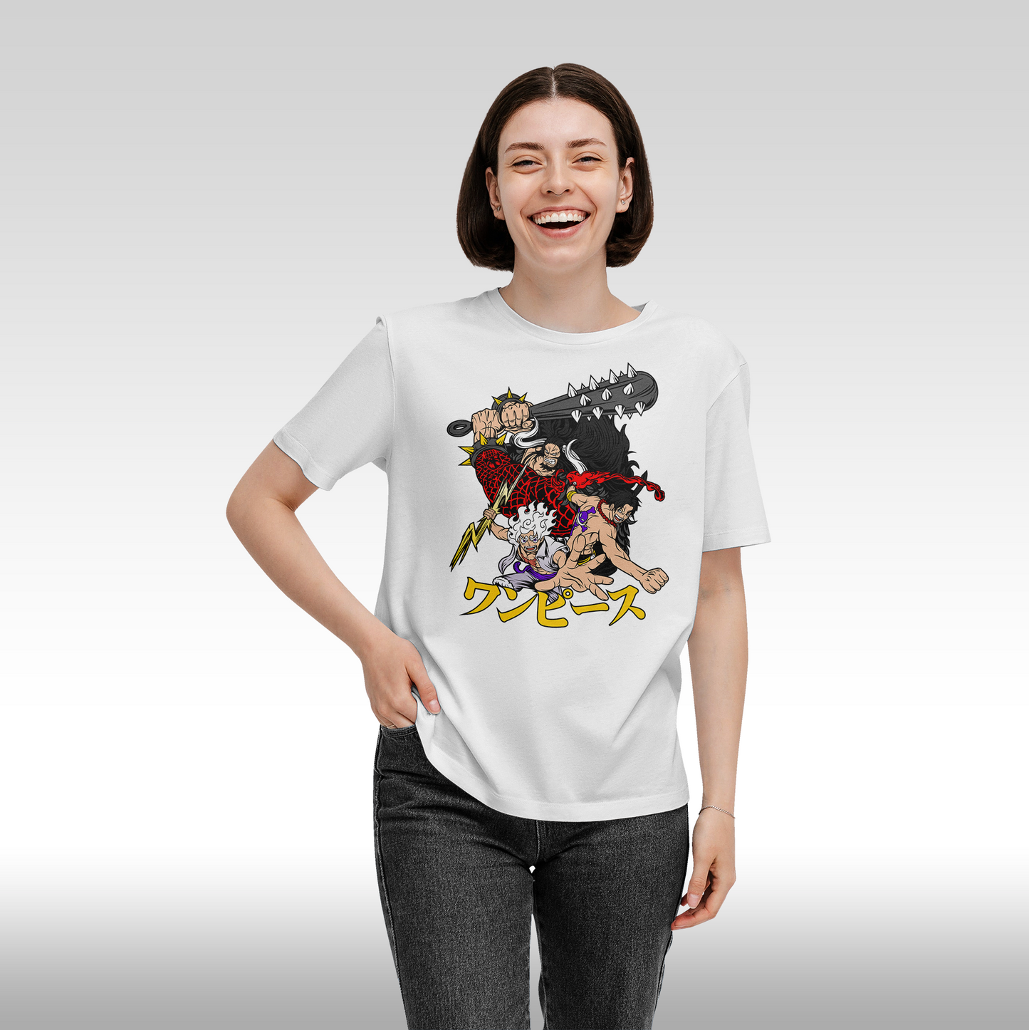 Tricou Alb personalizat bumbac Fata Dama anime "One Piece Luffy Gear 5 x Kaido x Ace" streetwear