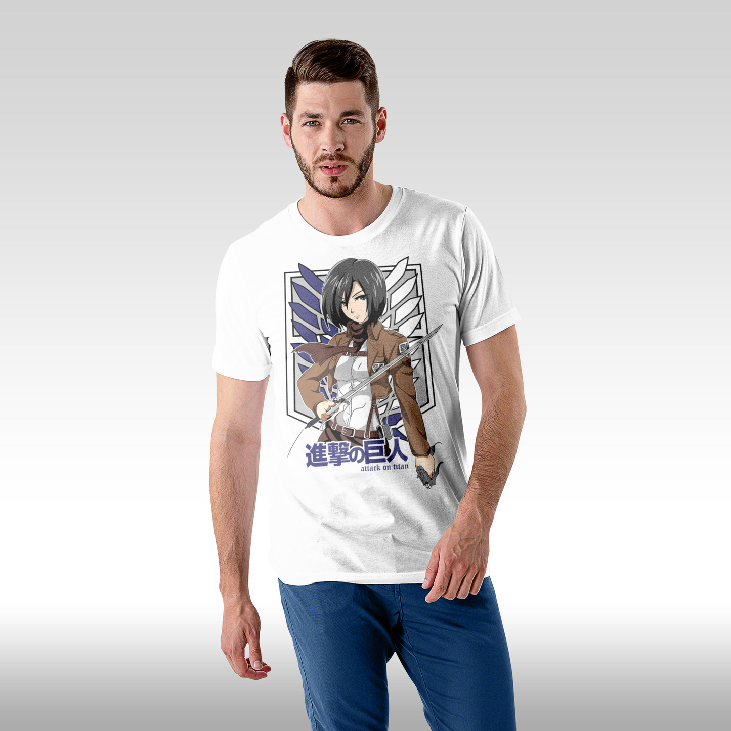 Tricou Alb personalizat bumbac Fata Barbat anime "Attack On Titan: Mikasa" streetwear