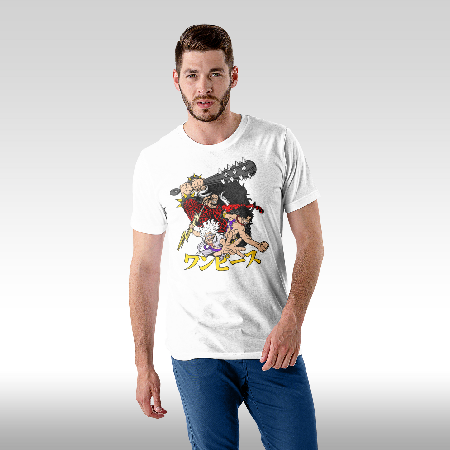 Tricou Alb personalizat bumbac Fata Barbat anime "One Piece Luffy Gear 5 x Kaido x Ace" streetwear