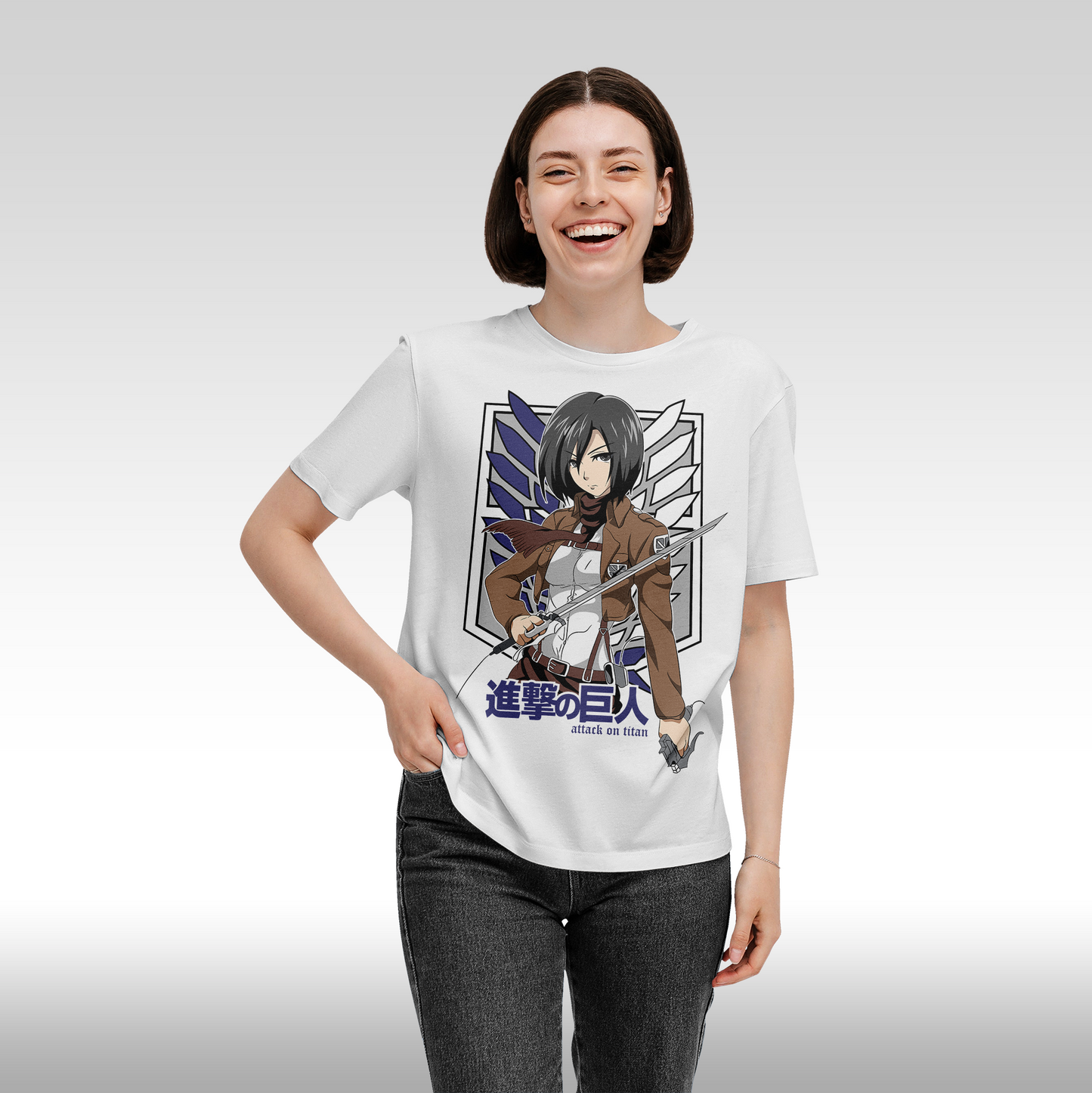 Tricou Alb personalizat bumbac Fata dama anime "Attack On Titan: Mikasa" streetwear