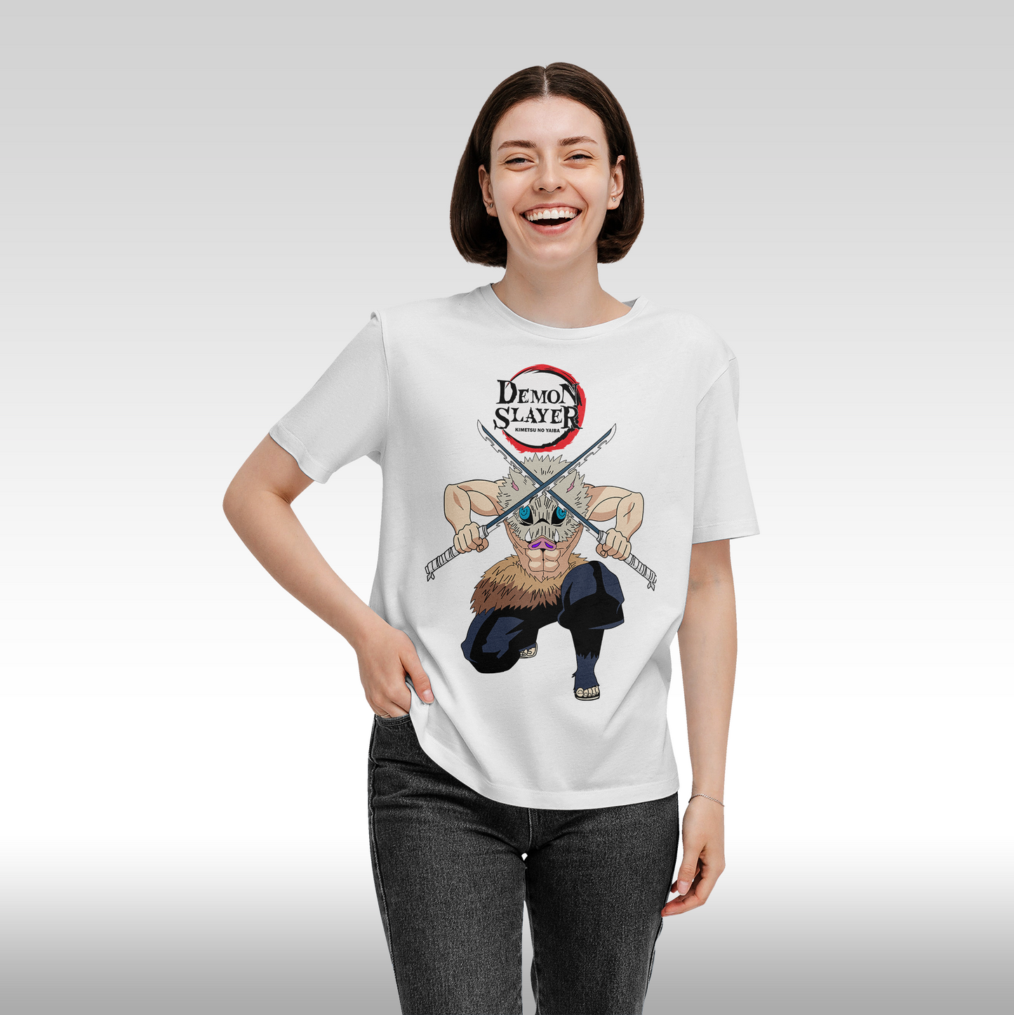 Tricou Alb personalizat bumbac Fata dama anime "Demon Slayer: Inosuke" streetwear