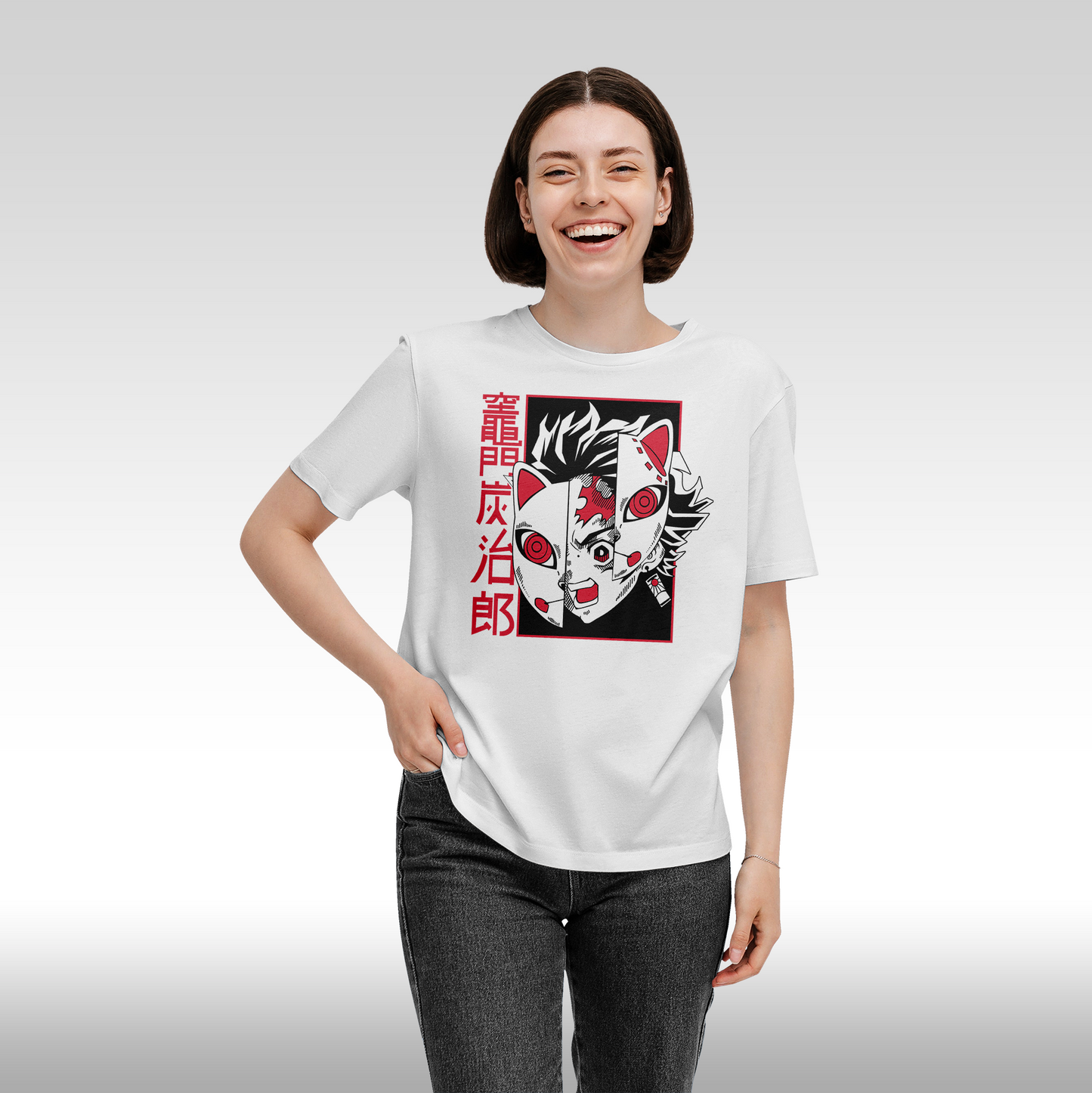 Tricou Alb personalizat bumbac Fata dama anime "Demon Slayer: Tanjiro Kamado" streetwear