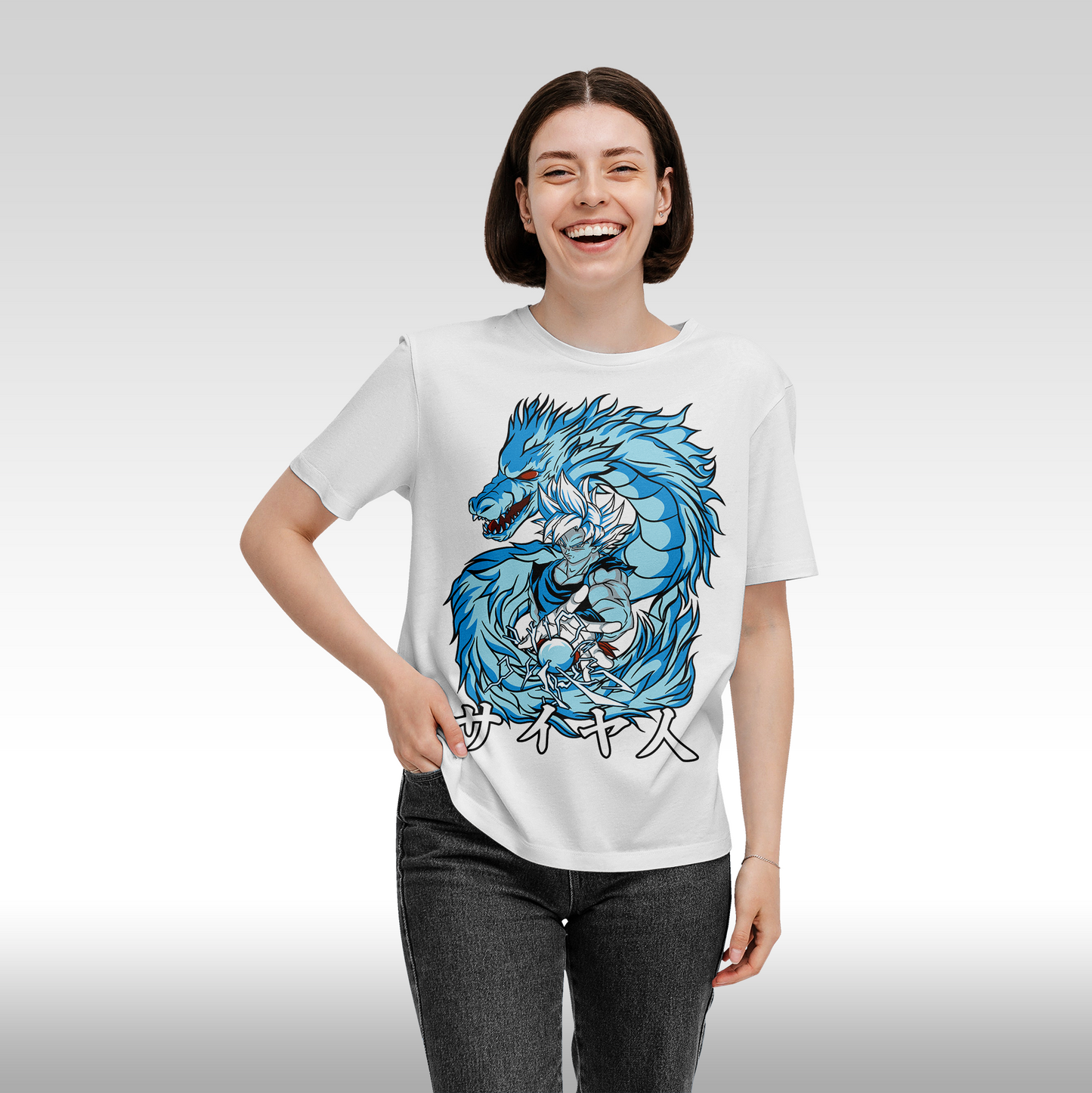 Tricou Alb personalizat bumbac Fata dama anime "Goku Power Dragon" streetwear
