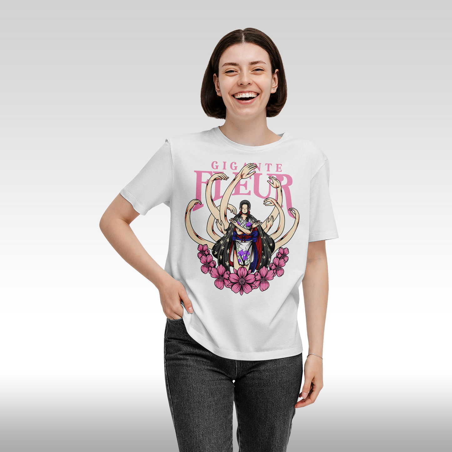 Tricou Alb personalizat bumbac Fata Dama anime One Piece Nico Robin Gigante Fleur streetwear