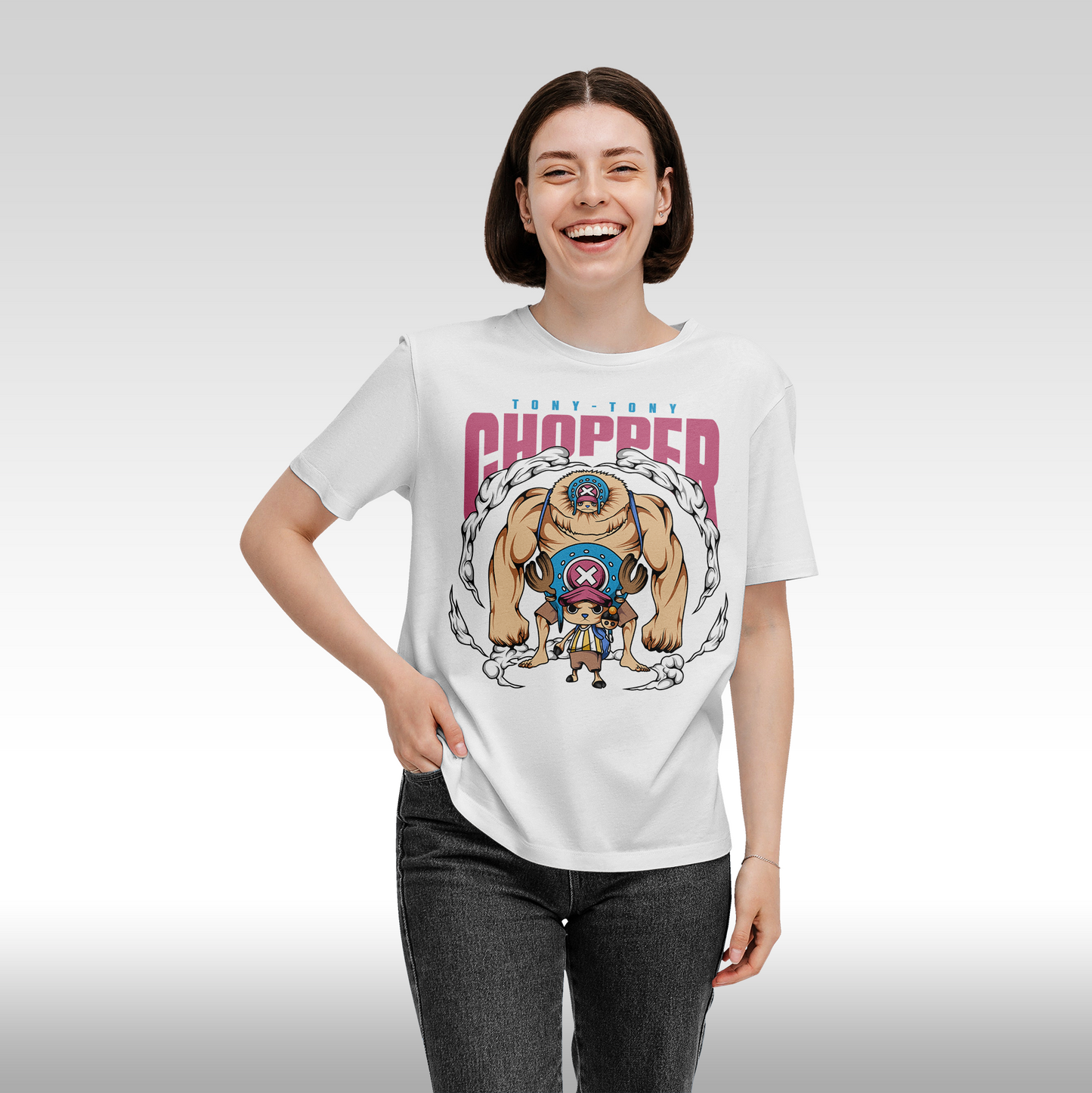 Tricou alb personalizat bumbac Fata dama anime "One Piece Tony-Tony Chopper", streetwear