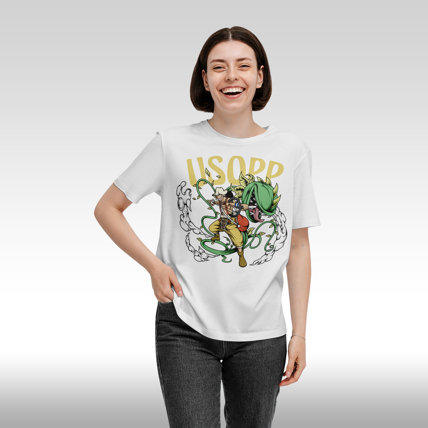 Tricou Alb personalizat bumbac Fata dama anime "One Piece Usopp streetwear
