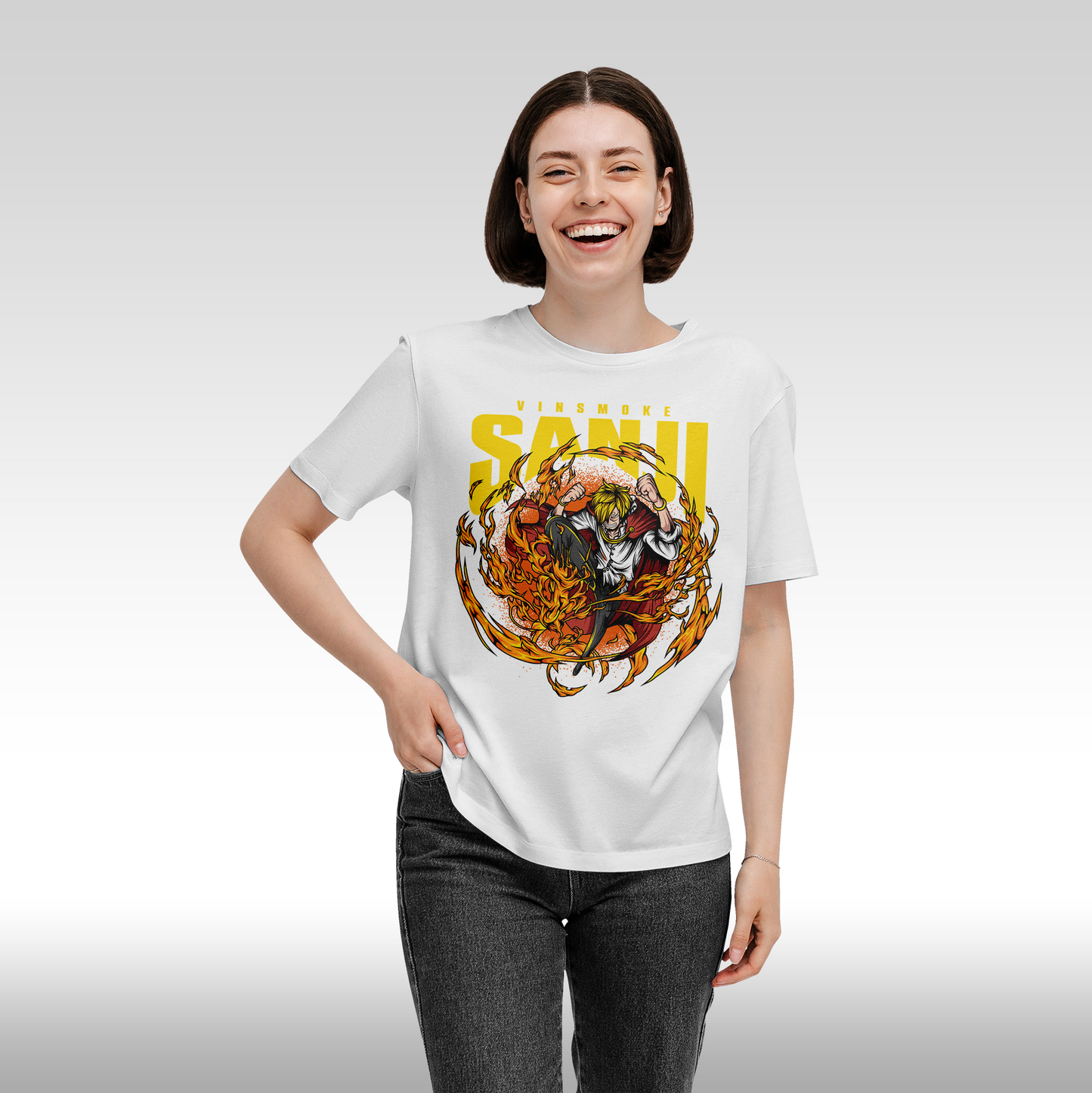 Tricou Alb personalizat bumbac Fata Dama anime "One Piece Sanji" streetwear