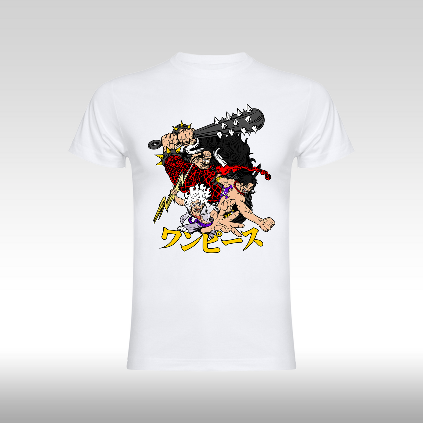 Tricou Alb personalizat bumbac anime "One Piece Luffy Gear 5 x Kaido x Ace" streetwear