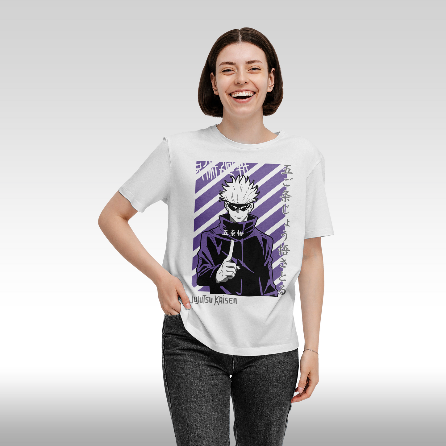 Tricou Alb personalizat bumbac fata dama anime "Jujutsu Kaisen: Satoru Gojo Front" streetwear