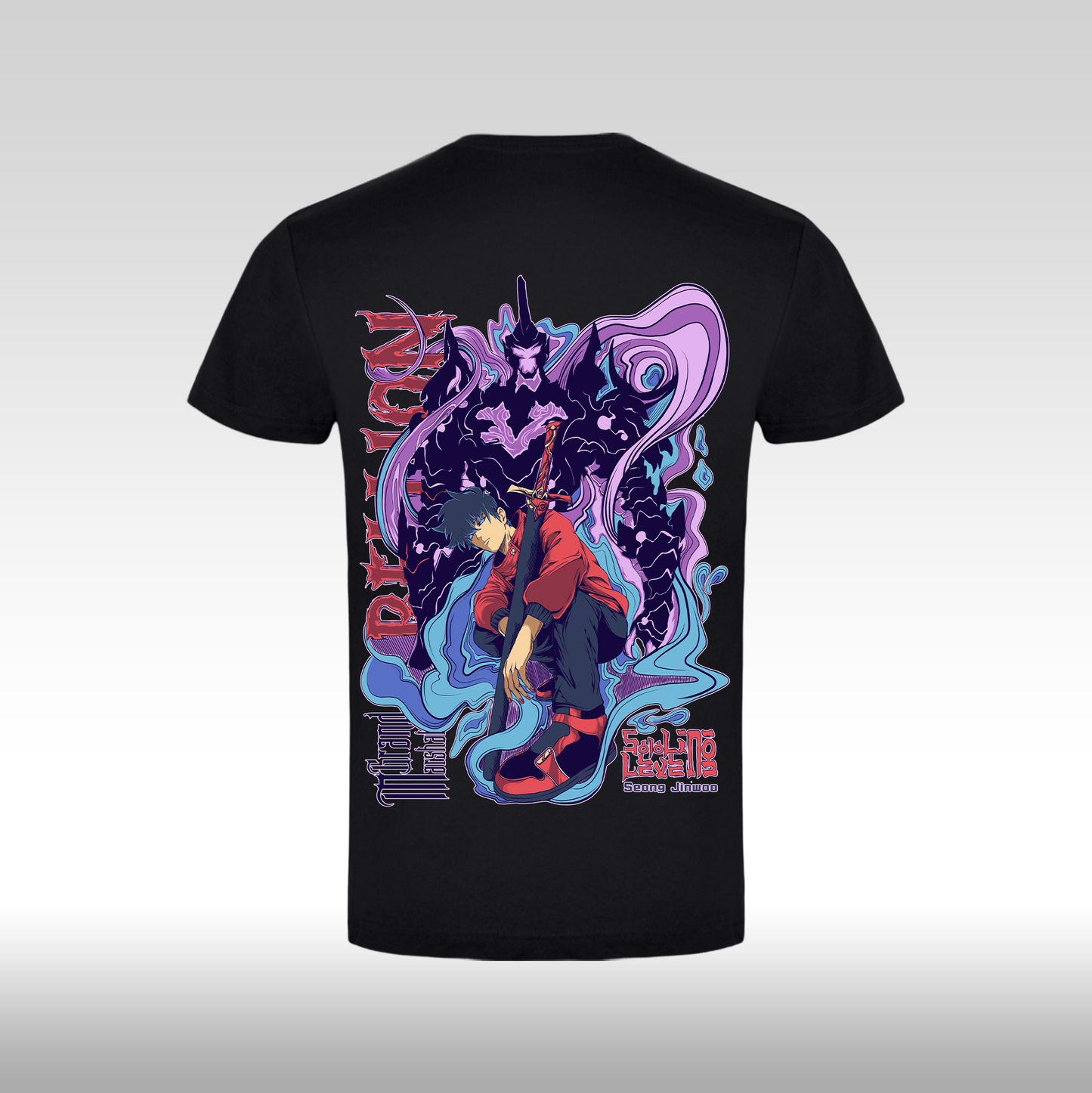 Tricou negru personalizat spate anime Solo Leveling: Sung Ji Woo, din bumbac 100%, stil streetwear