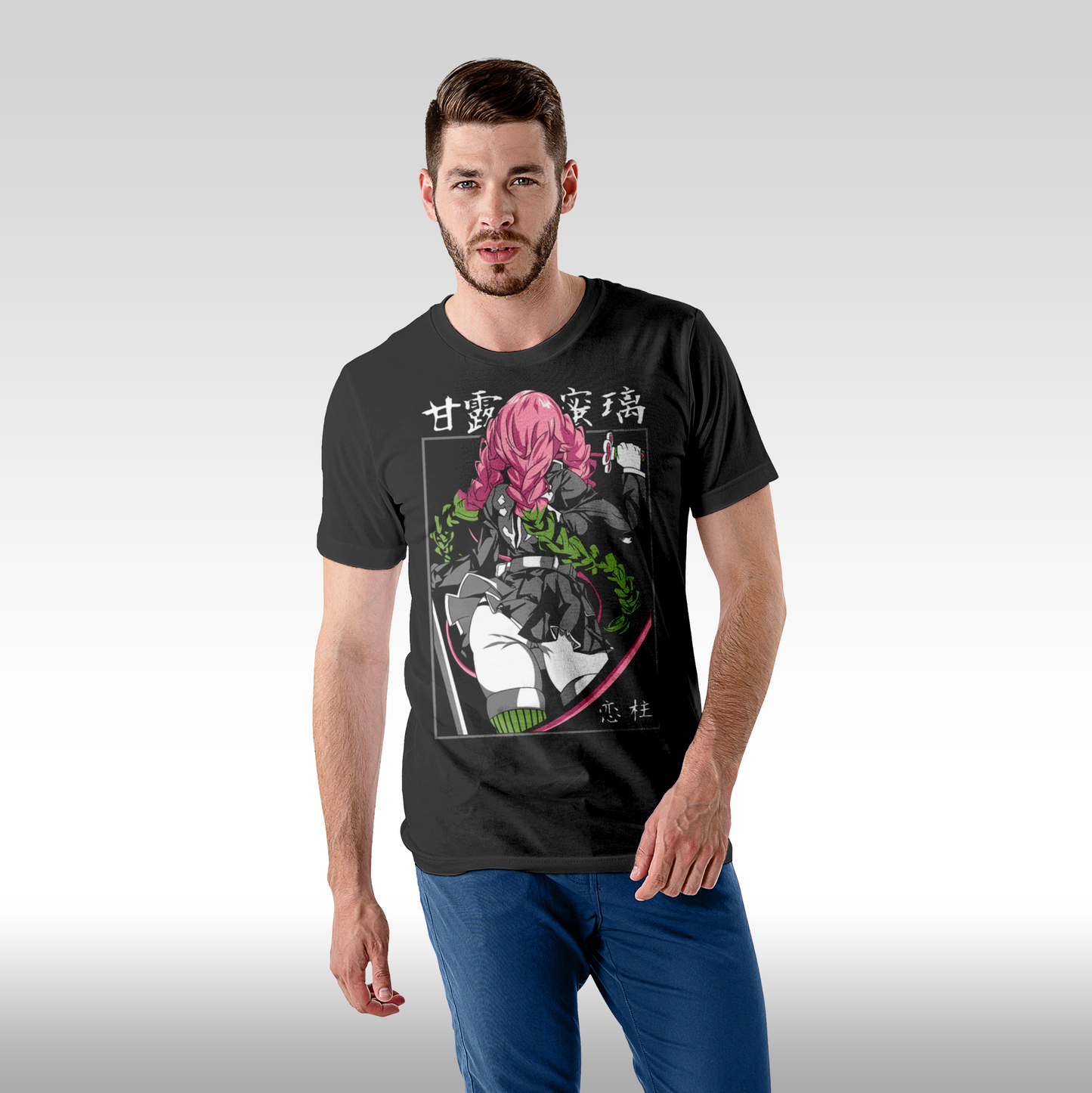 Tricou Negru personalizat bumbac Fata Barbat anime "Demon Slayer: Mitsuri" streetwear