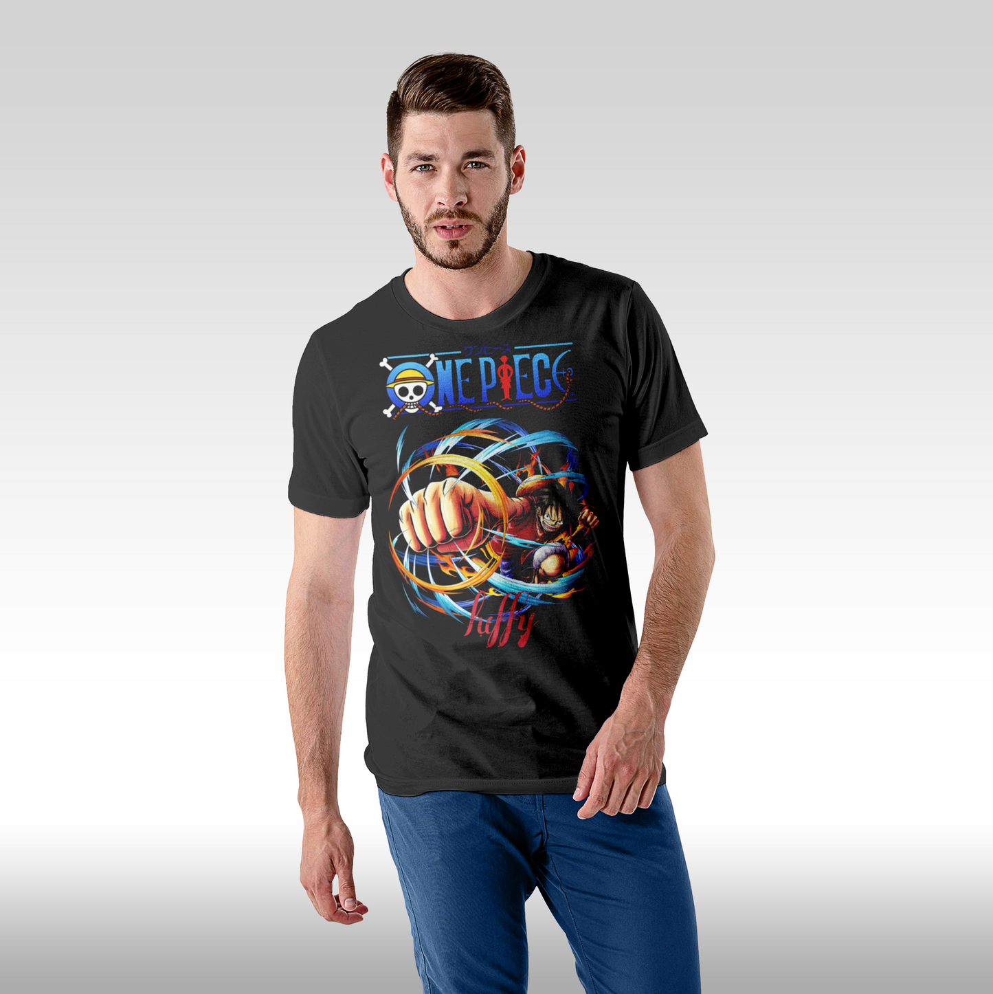 Tricou Negru personalizat bumbac Fata Barbat anime "One Piece Luffy" streetwear