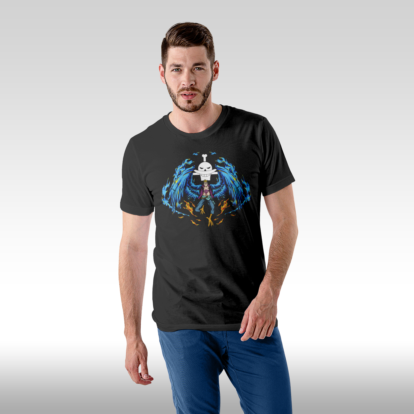 Tricou Negru personalizat bumbac Fata Barbat anime "One Piece Marco The Phoenix" streetwear