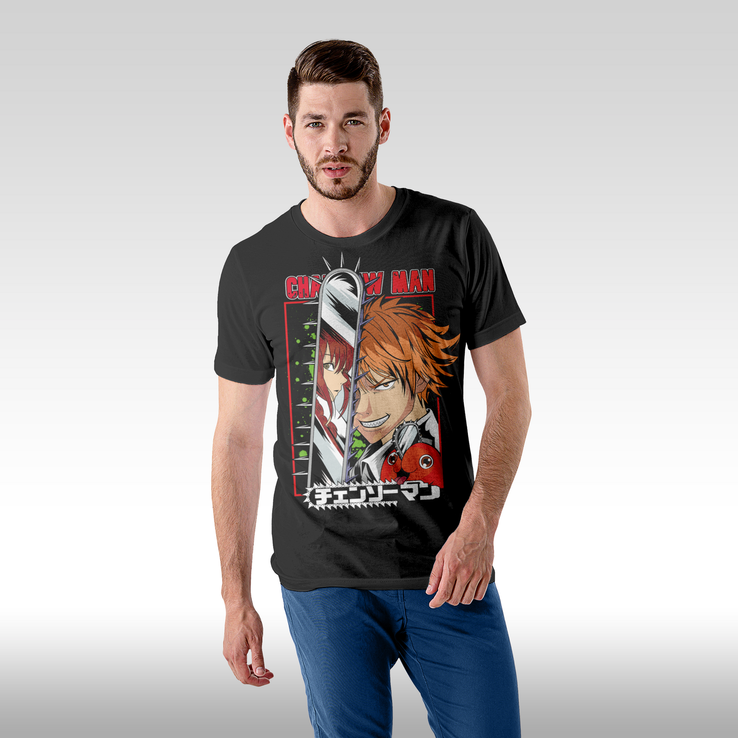 Tricou Negru personalizat bumbac Fata Barbat anime "Chainsaw Man: Denji" streetwear