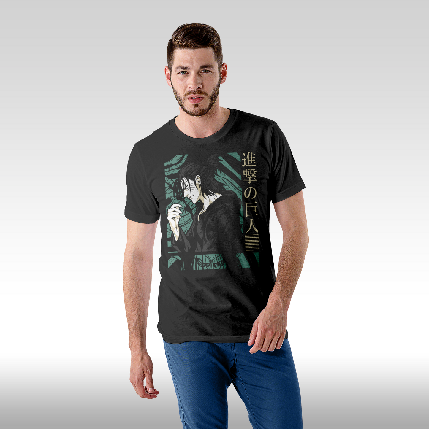 Tricou Negru personalizat bumbac Fata barbat anime "Eren Yeager" streetwear