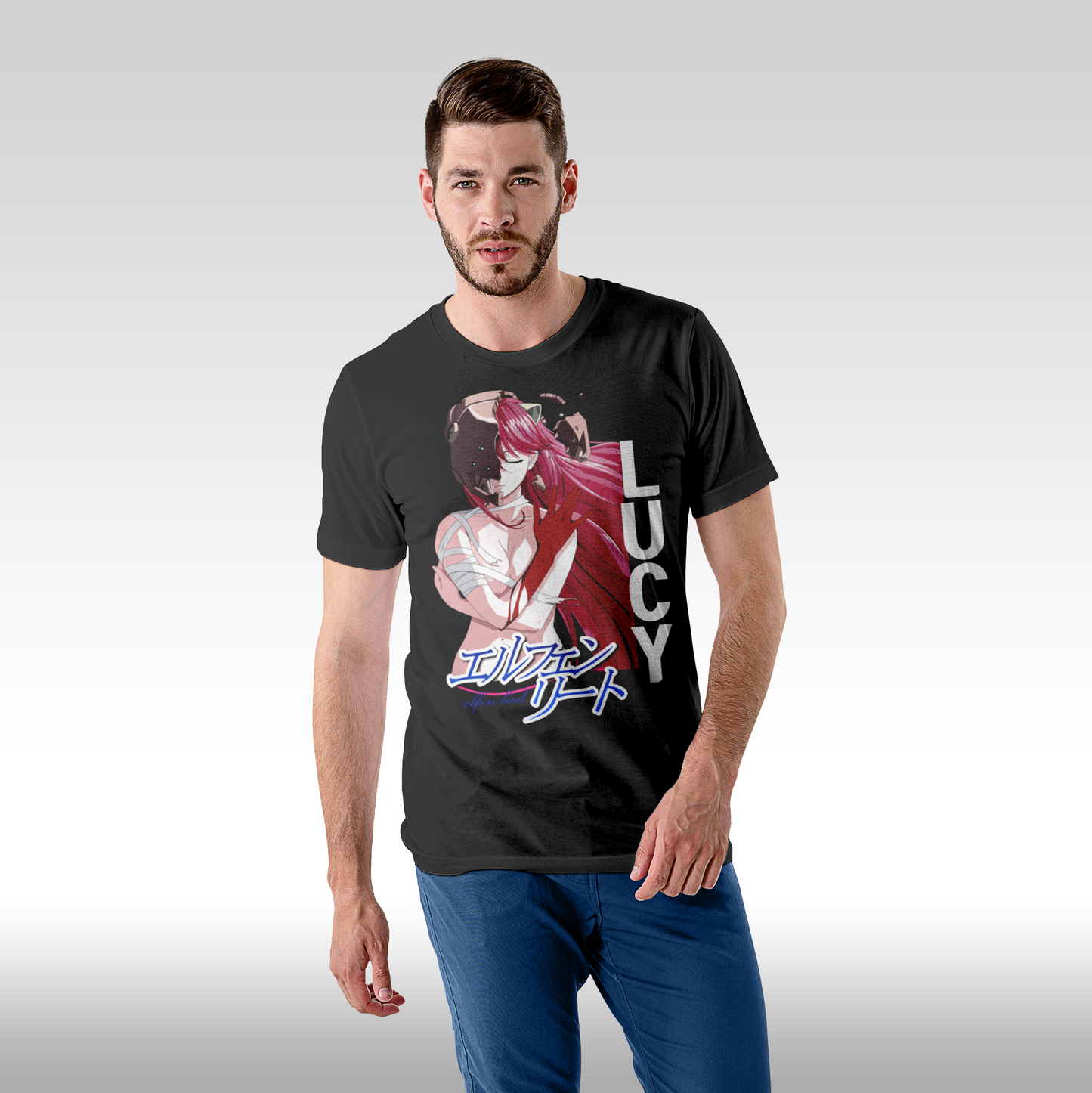 Tricou Negru personalizat bumbac Fata barbat anime "Lucy" streetwear