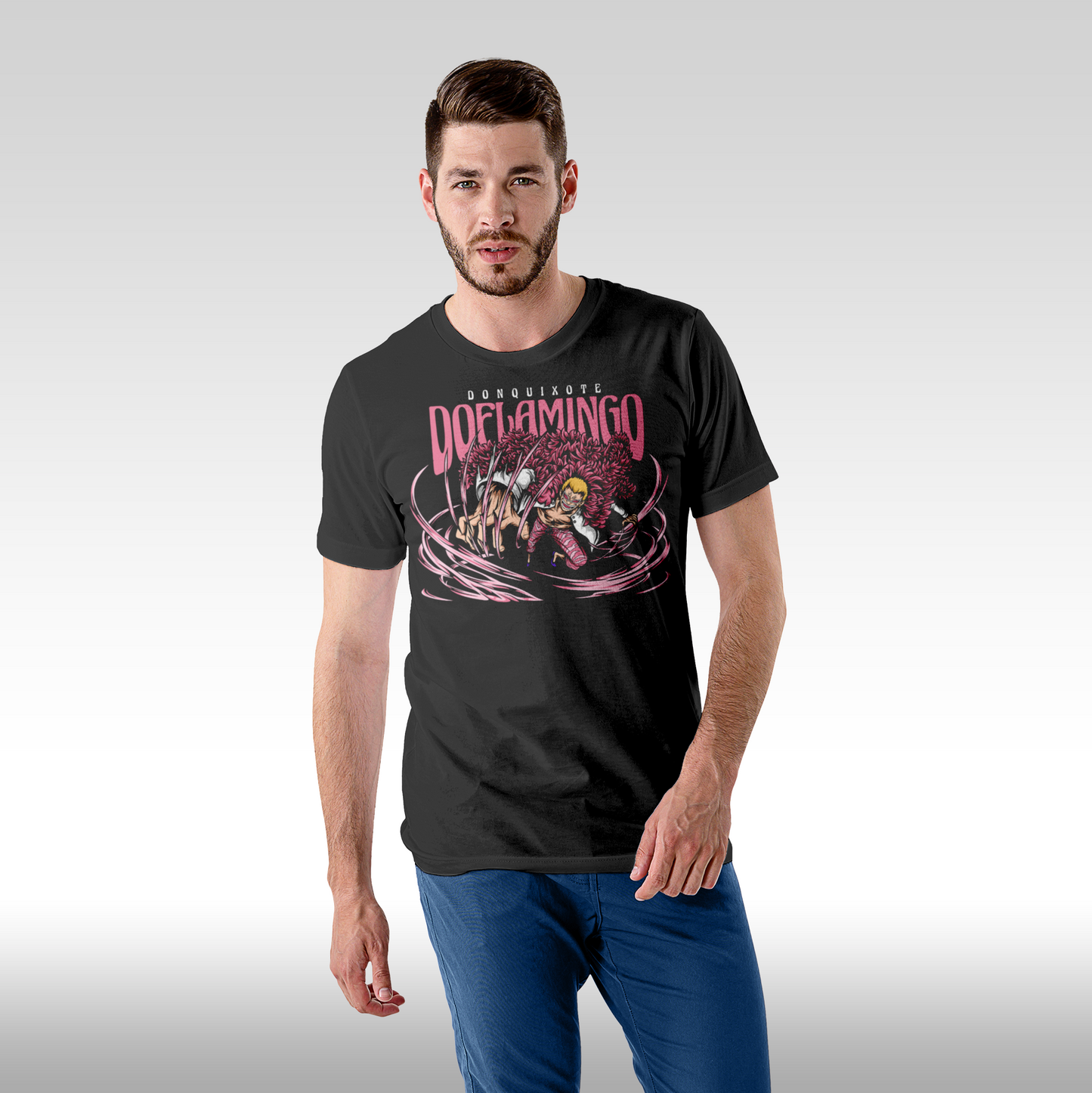 Tricou Negru personalizat bumbac Fata barbat anime "One Piece Doflamingo" streetwear