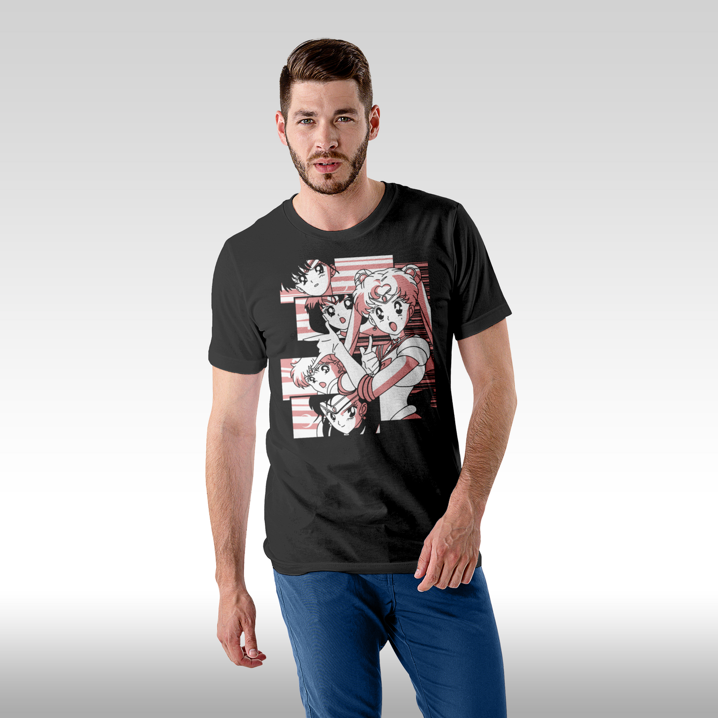 Tricou Negru personalizat bumbac Fata barbat anime "Sailor Moon" streetwear