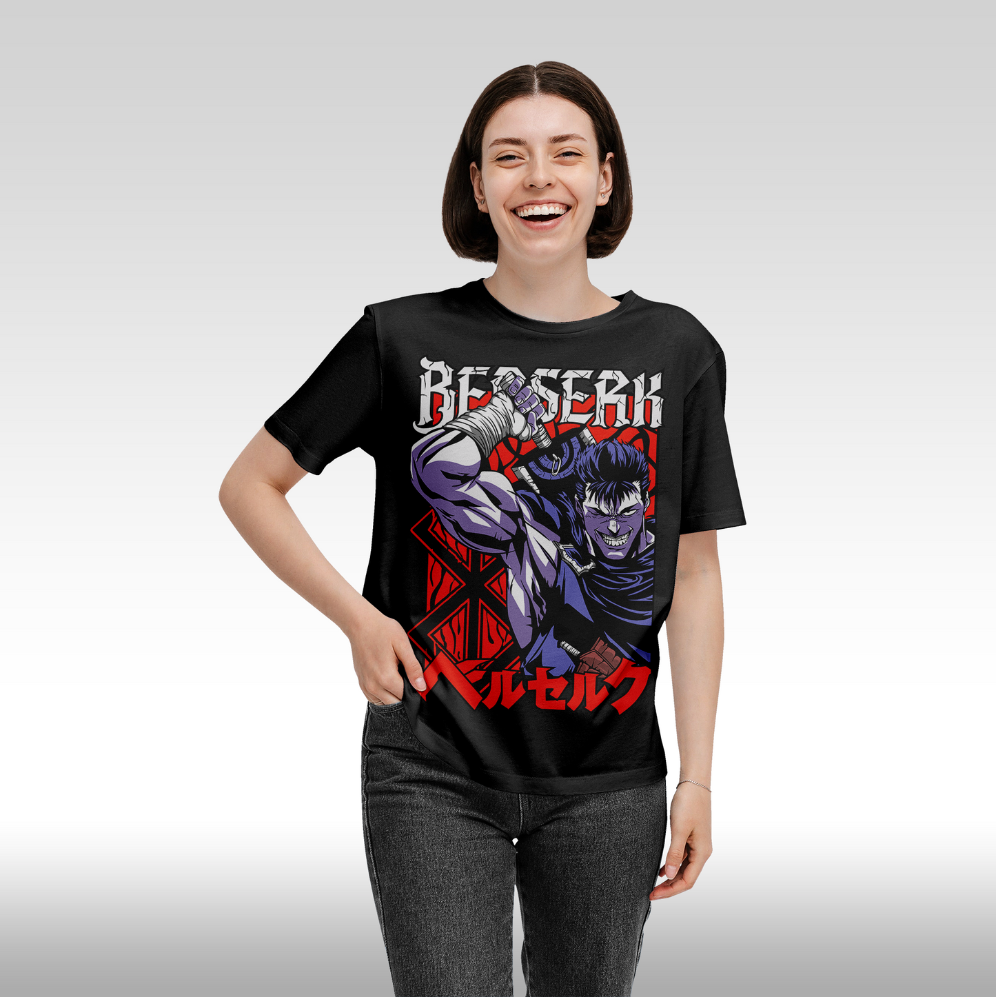 Tricou Negru personalizat bumbac Fata Dama anime "Berserk: Guts" streetwear
