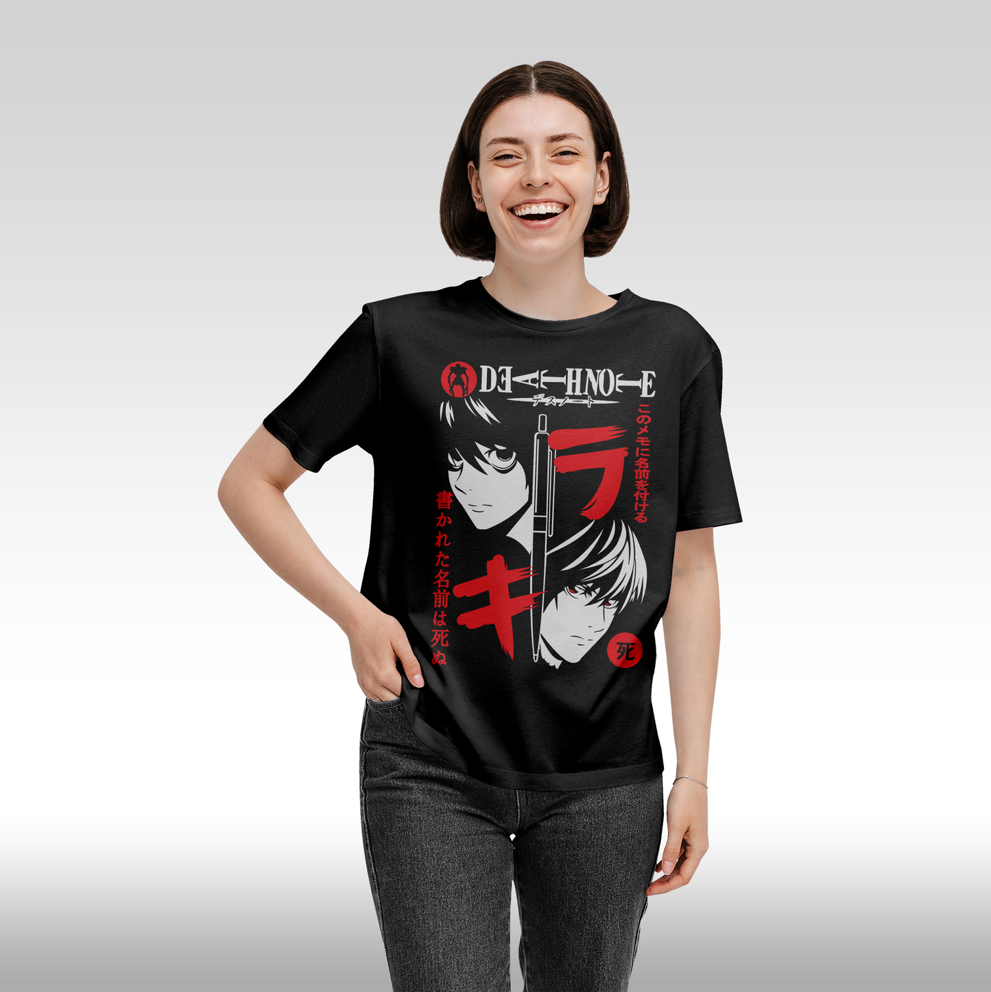 Tricou Negru personalizat bumbac Fata Dama anime "Death Note: Light Yagami, L" streetwear