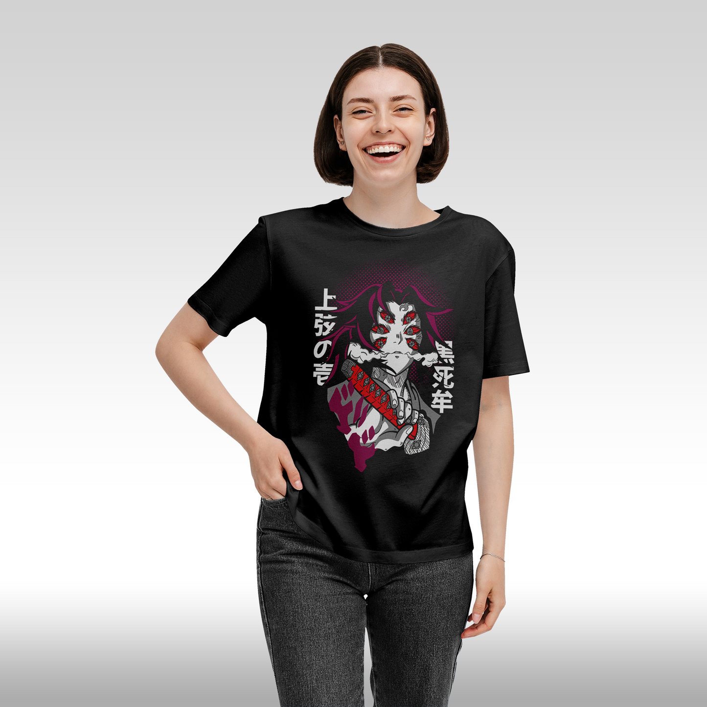 Tricou Negru personalizat bumbac Fata Dama anime "Demon Slayer: Kokushibo" streetwear