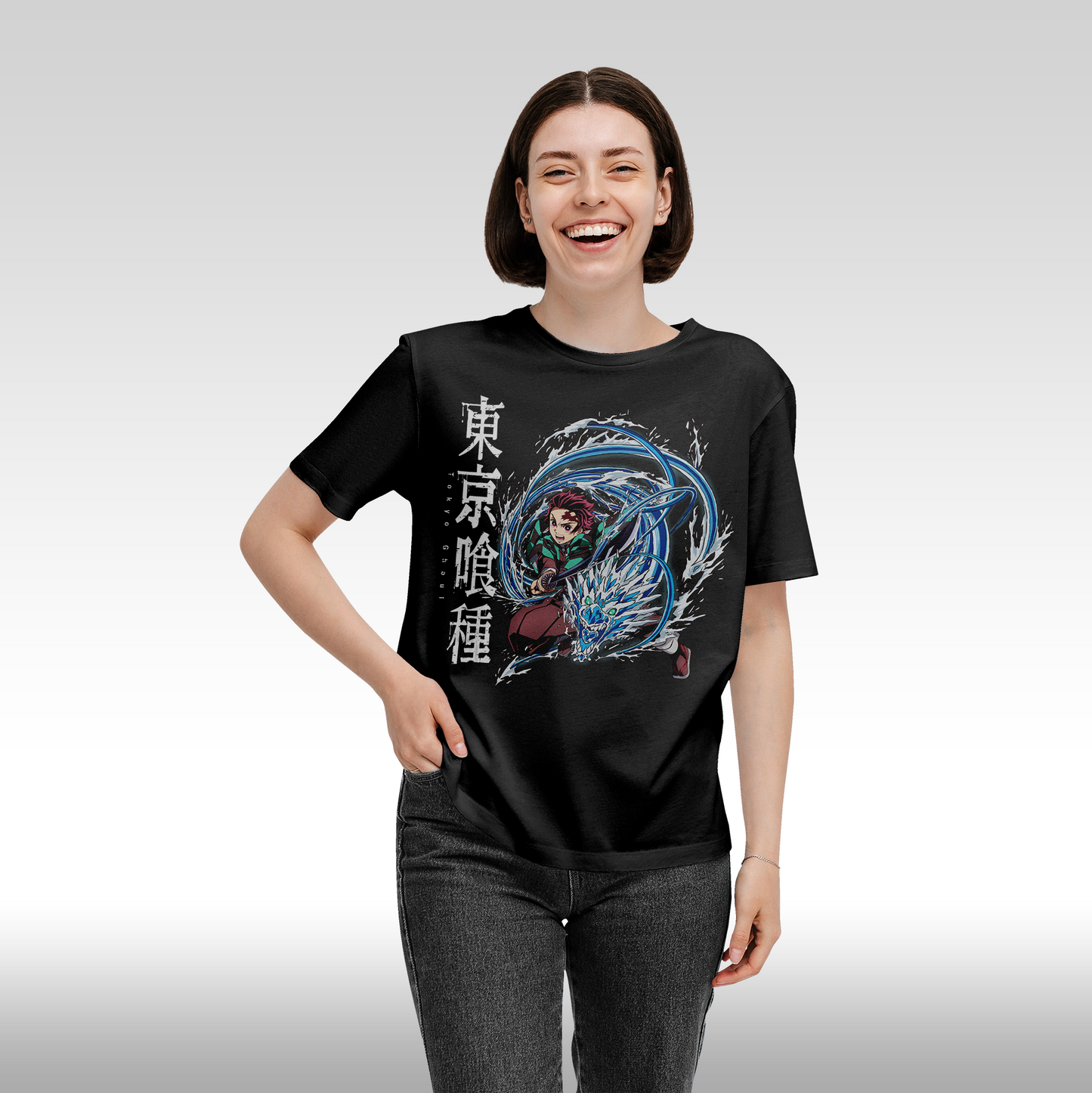 Tricou Negru personalizat bumbac Fata Dama anime "Demon Slayer Tanjiro" streetwear