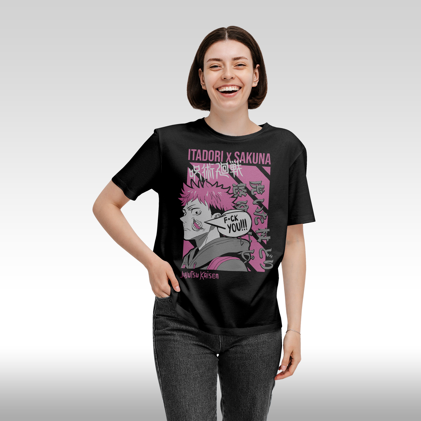 Tricou Negru personalizat bumbac Fata Dama anime "Jujutsu Kaisen: Itadori" streetwear