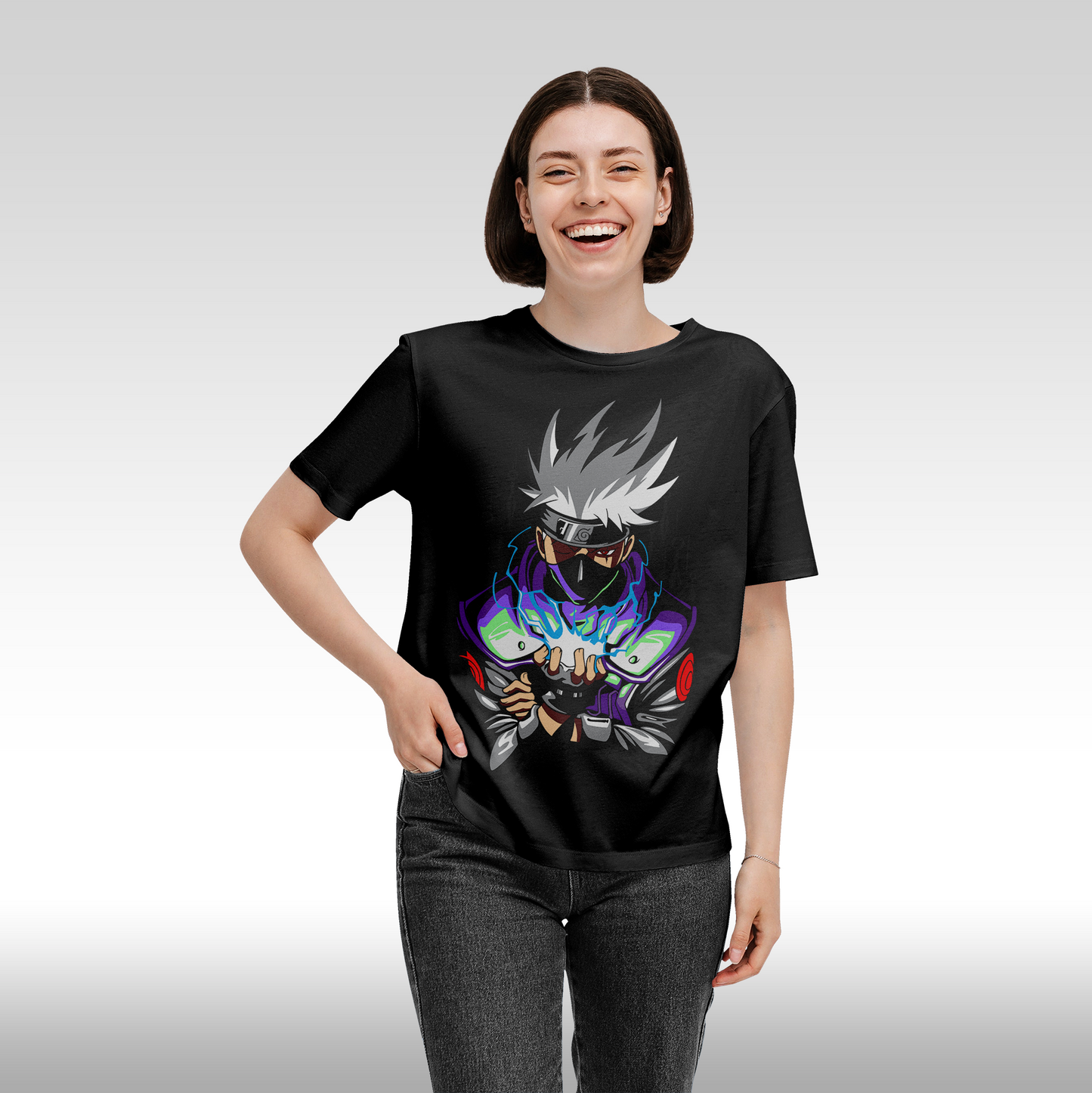 Tricou Negru personalizat bumbac Fata Dama anime "Kakashi" streetwear