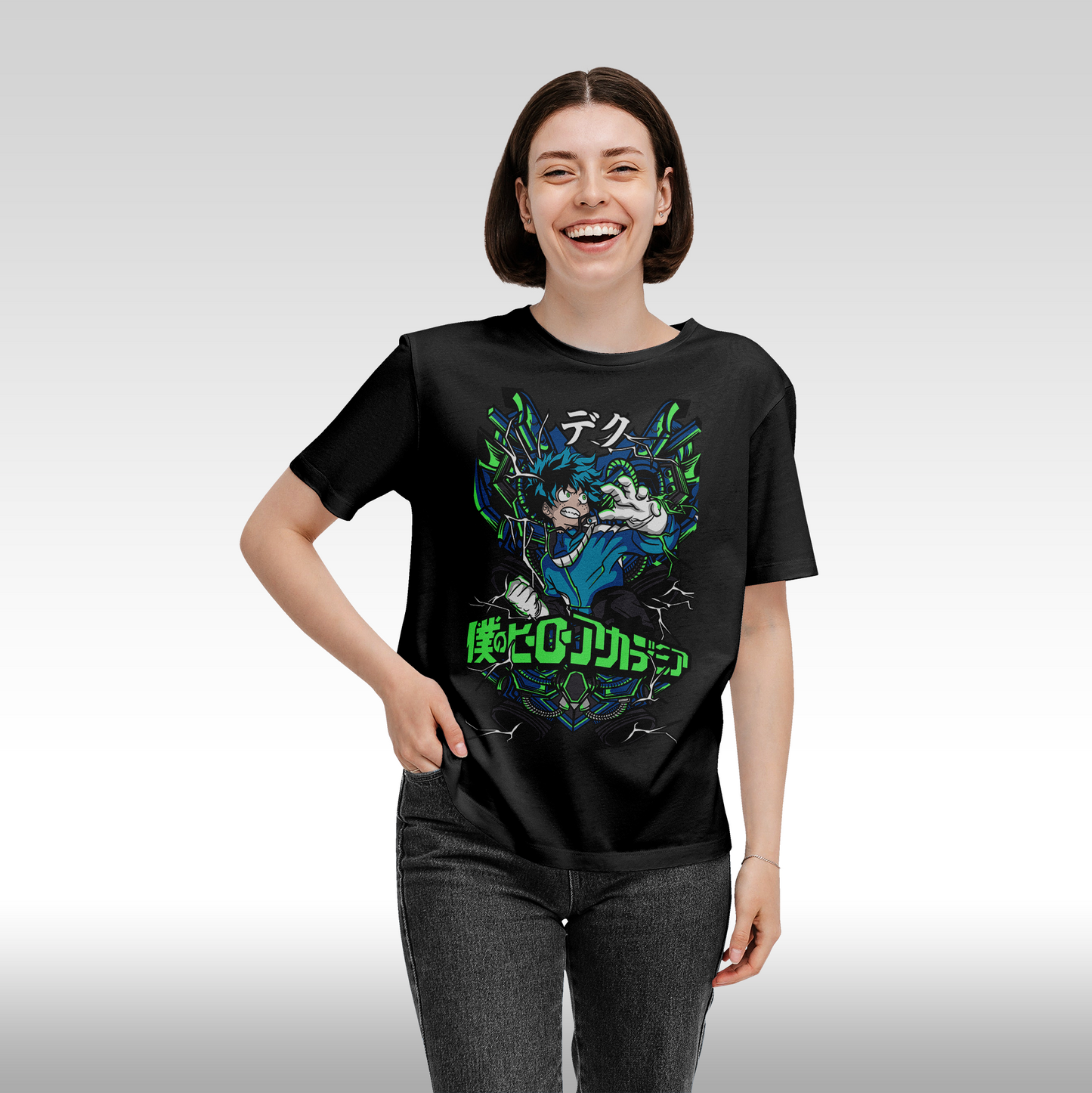 Tricou Negru personalizat bumbac Fata Dama anime "My Hero Academia: Deku" streetwear