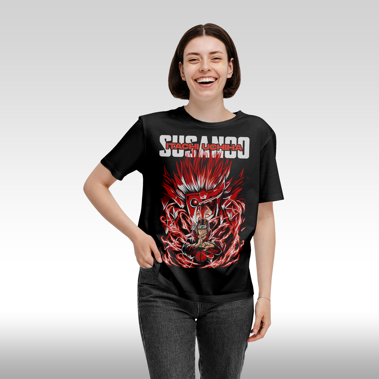 Tricou Negru personalizat bumbac Fata Dama anime "Naruto - Itachi Uchiha Susanoo" streetwear
