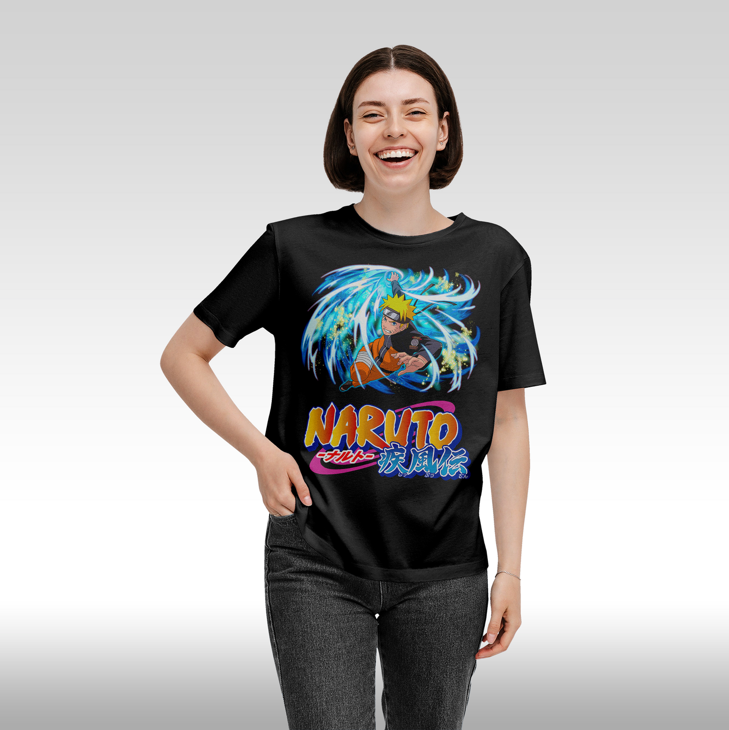 Tricou Negru personalizat bumbac Fata Dama anime "Naruto" streetwear