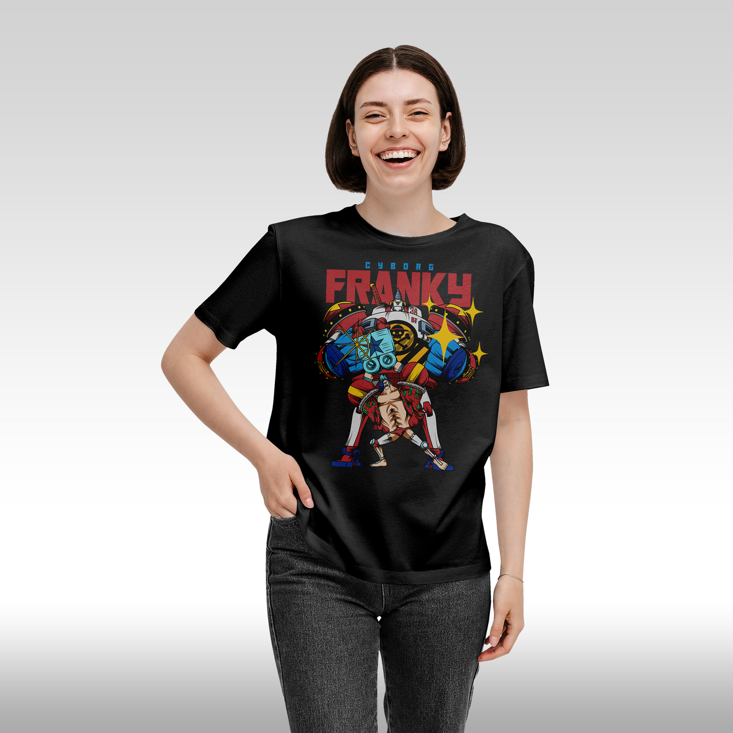 Tricou Negru personalizat bumbac Fata Dama anime "One Piece Cyborg Franky" streetwear